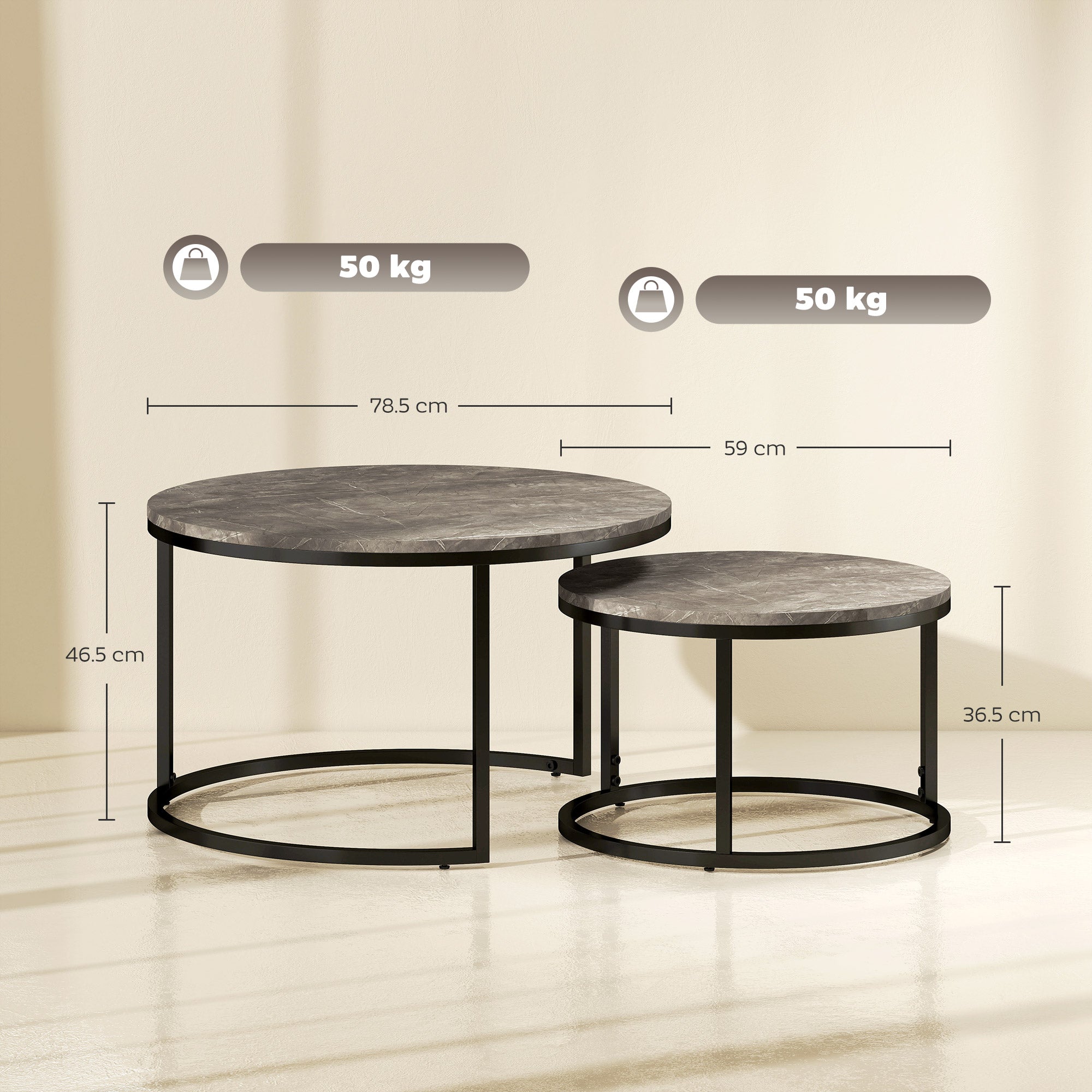 HOMCOM Industrial Nesting Coffee Table Set of 2, Round Coffee Tables, Living Room Table with Faux Marbled Top and Steel Frame - North Peak Garden Furniture