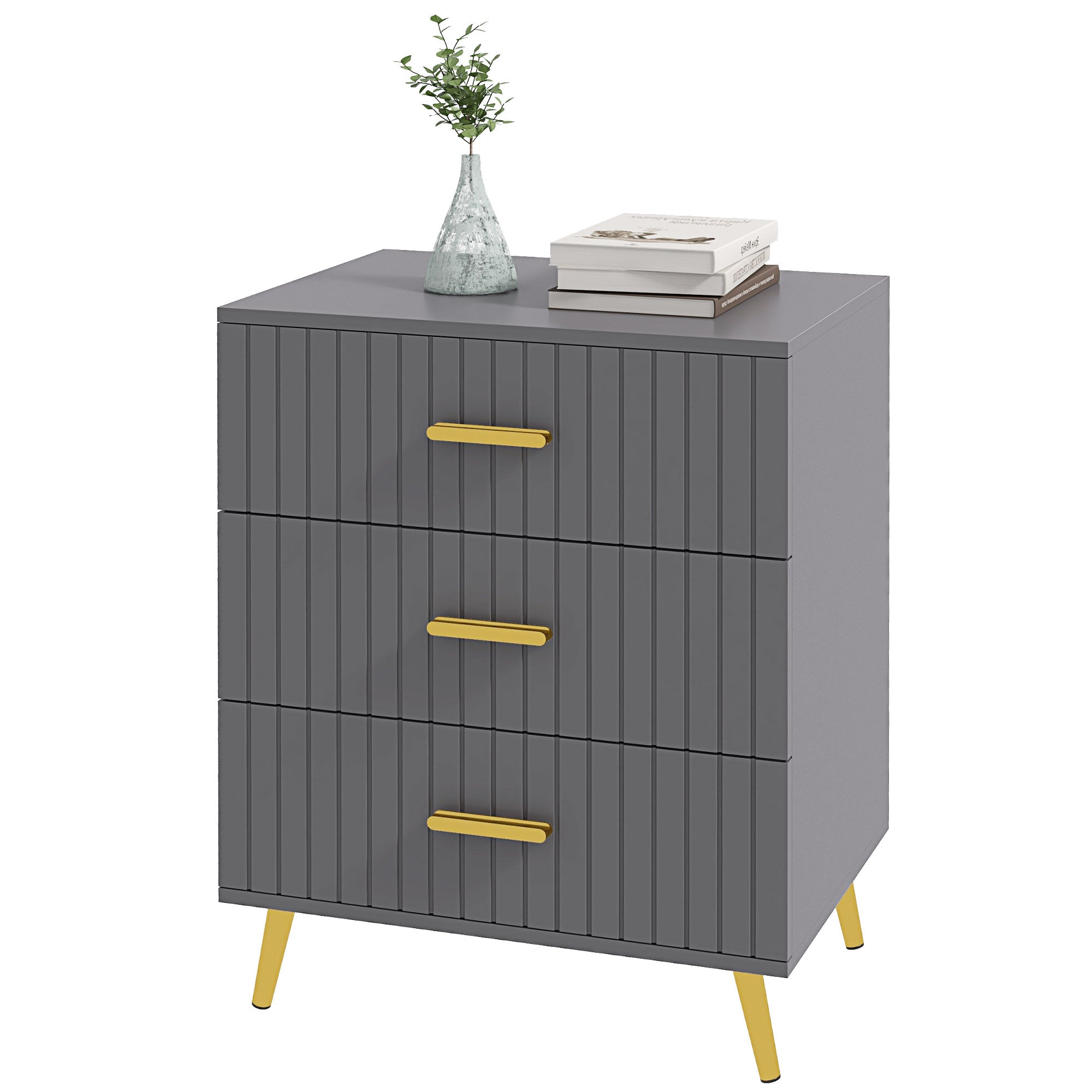 HOMCOM Three Drawer Embossed Line Dresser - Grey/Gold Tone