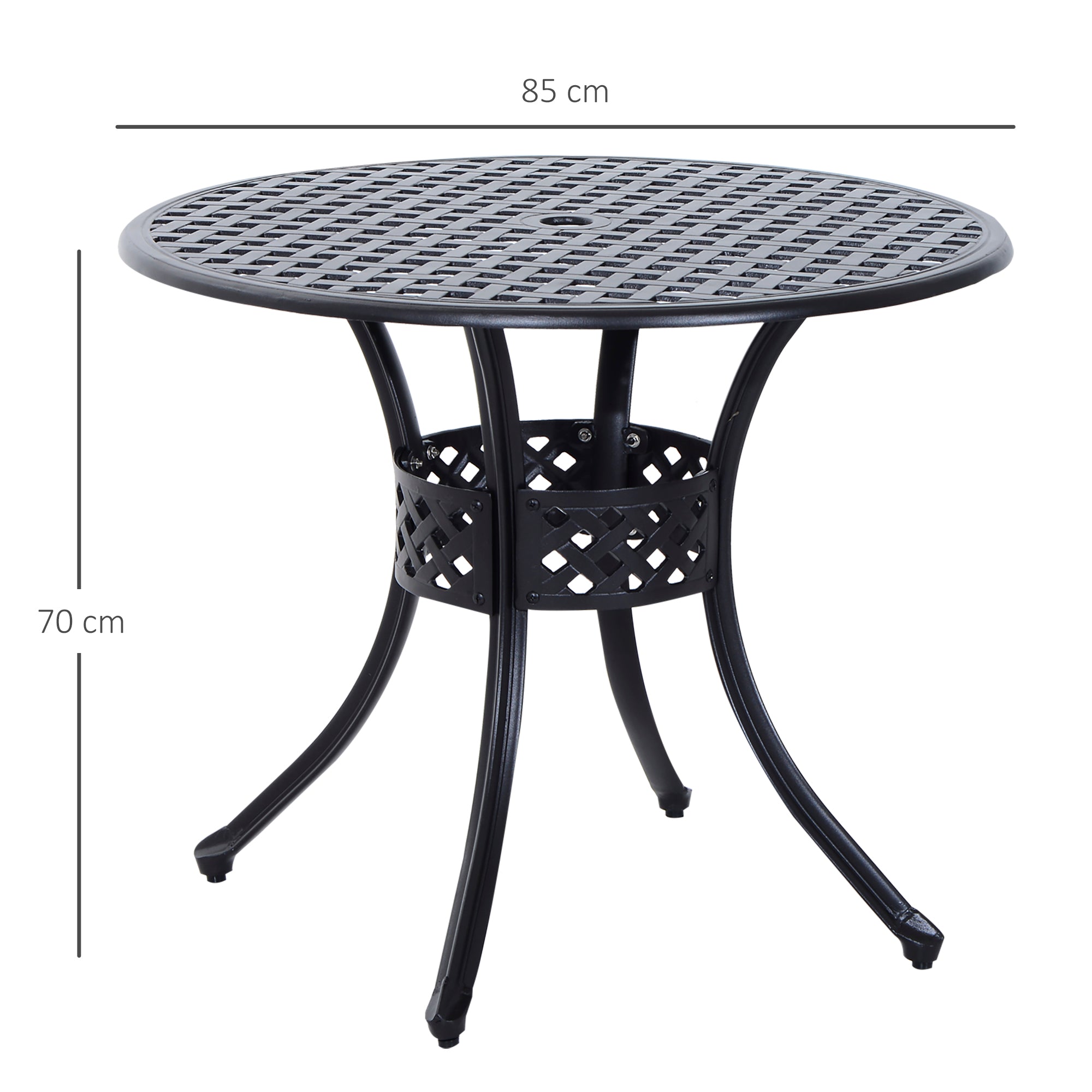 Outsunny 85cm Round Garden Table with Umbrella Hole, Aluminium Grid Motif Outdoor Dining Table for Garden Patio, Black