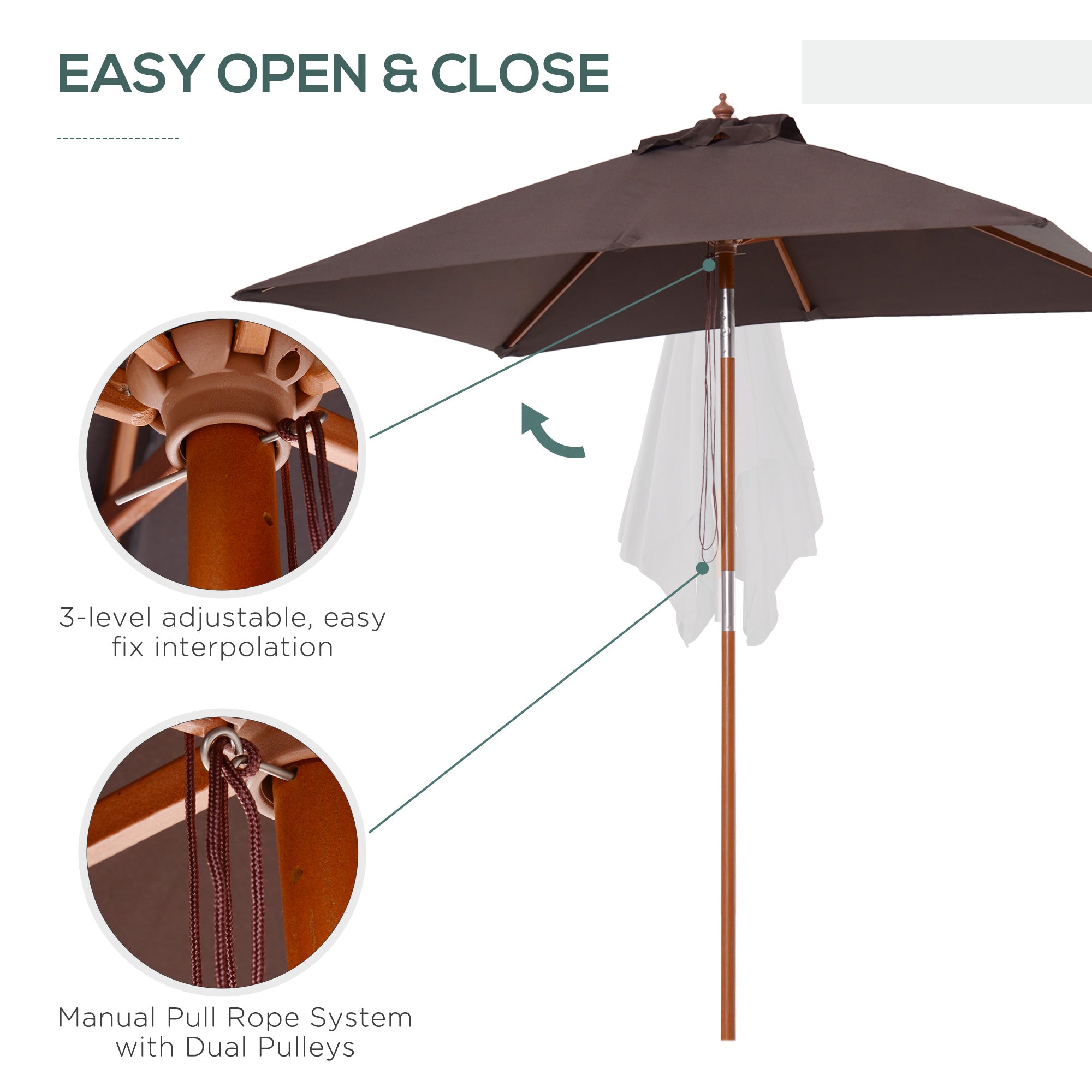 Outsunny 2m x 1.5m Garden Parasol Umbrella with Tilting Sunshade Canopy, Outdoor Market Table Umbrella with Wood and Bamboo Frame, Coffee - North Peak Garden Furniture