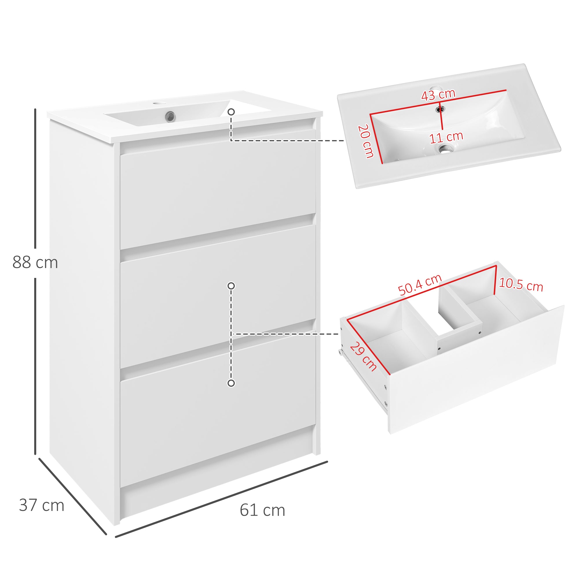 kleankin 600mm Bathroom Vanity Unit with Basin and Single Tap Hole, High Gloss White Floor Standing Bathroom Sink Unit with 2 Drawers