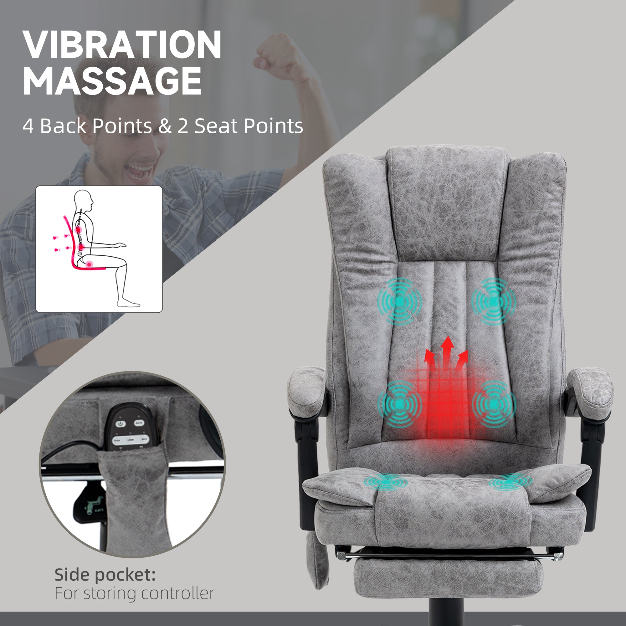 Vinsetto Office Chair with Massage and Heat, Microfibre Reclining Computer Desk Chair with Footrest and Adjustable Height, Swivel Wheels for Home Office, Grey - North Peak Garden Furniture