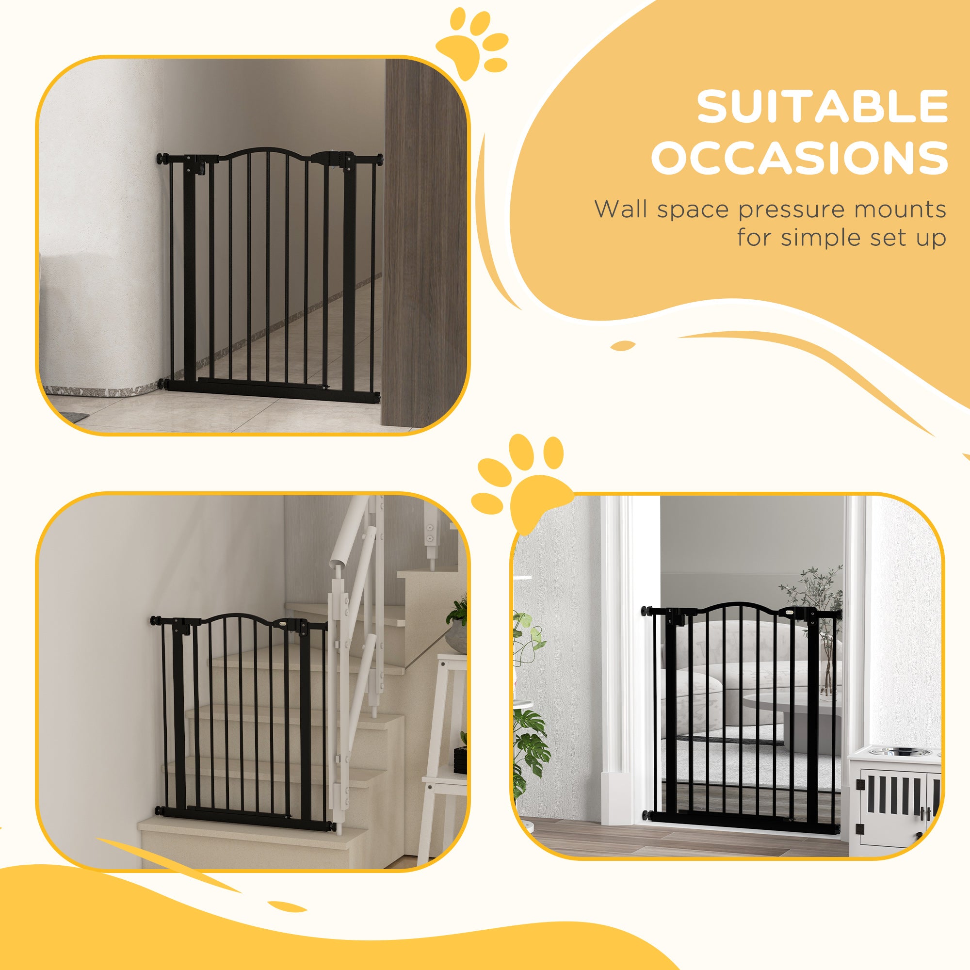 PawHut Metal 74-80cm Adjustable Pet Gate Safety Barrier w/ Auto-Close Door Black - North Peak Garden Furniture