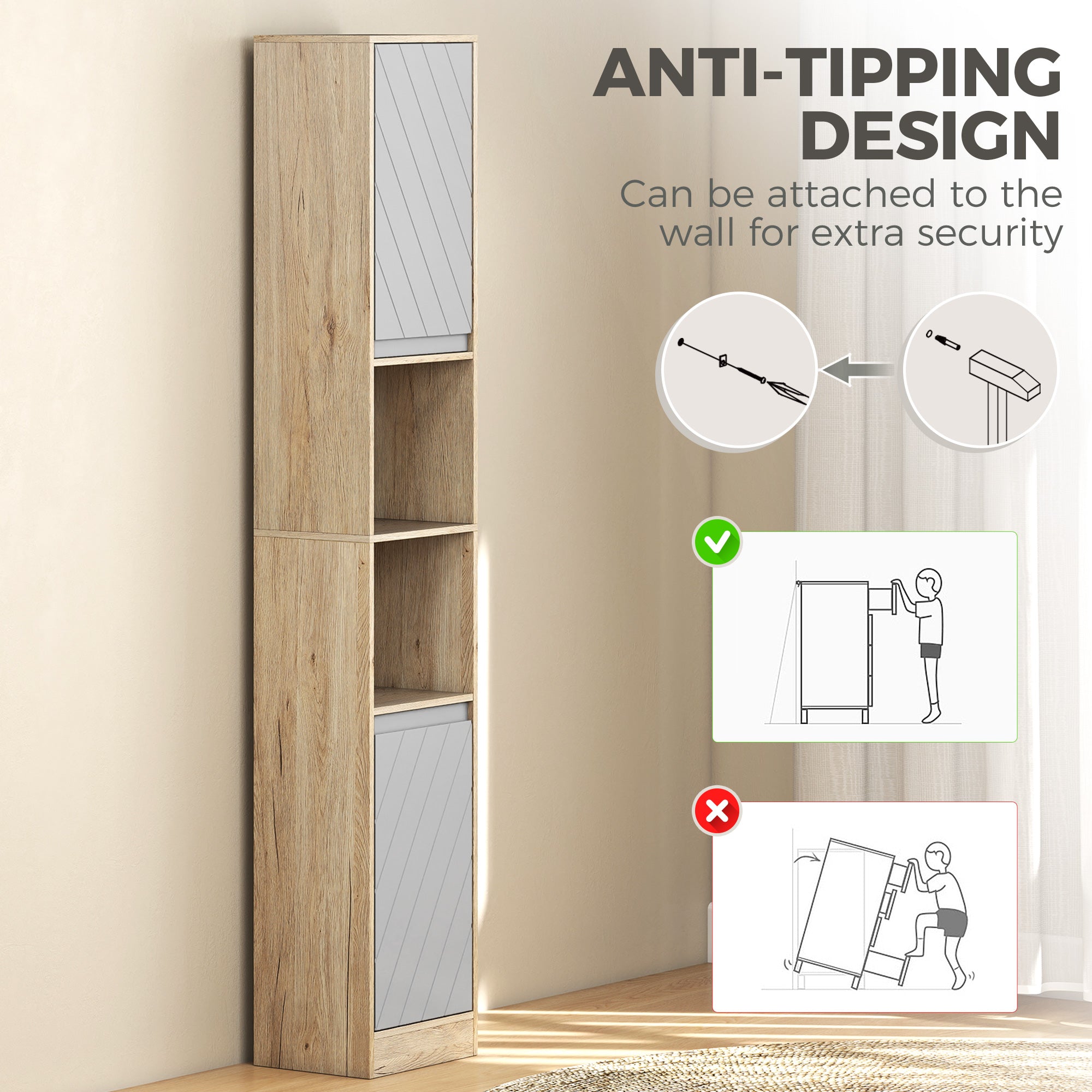 HOMCOM Freestanding Bathroom Storage Cabinet w/ 2 Cupboards 2 Compartments Home Organisation Anti-Tipping Elevated Base 30L x 24W x 170H cm Grey&Brown