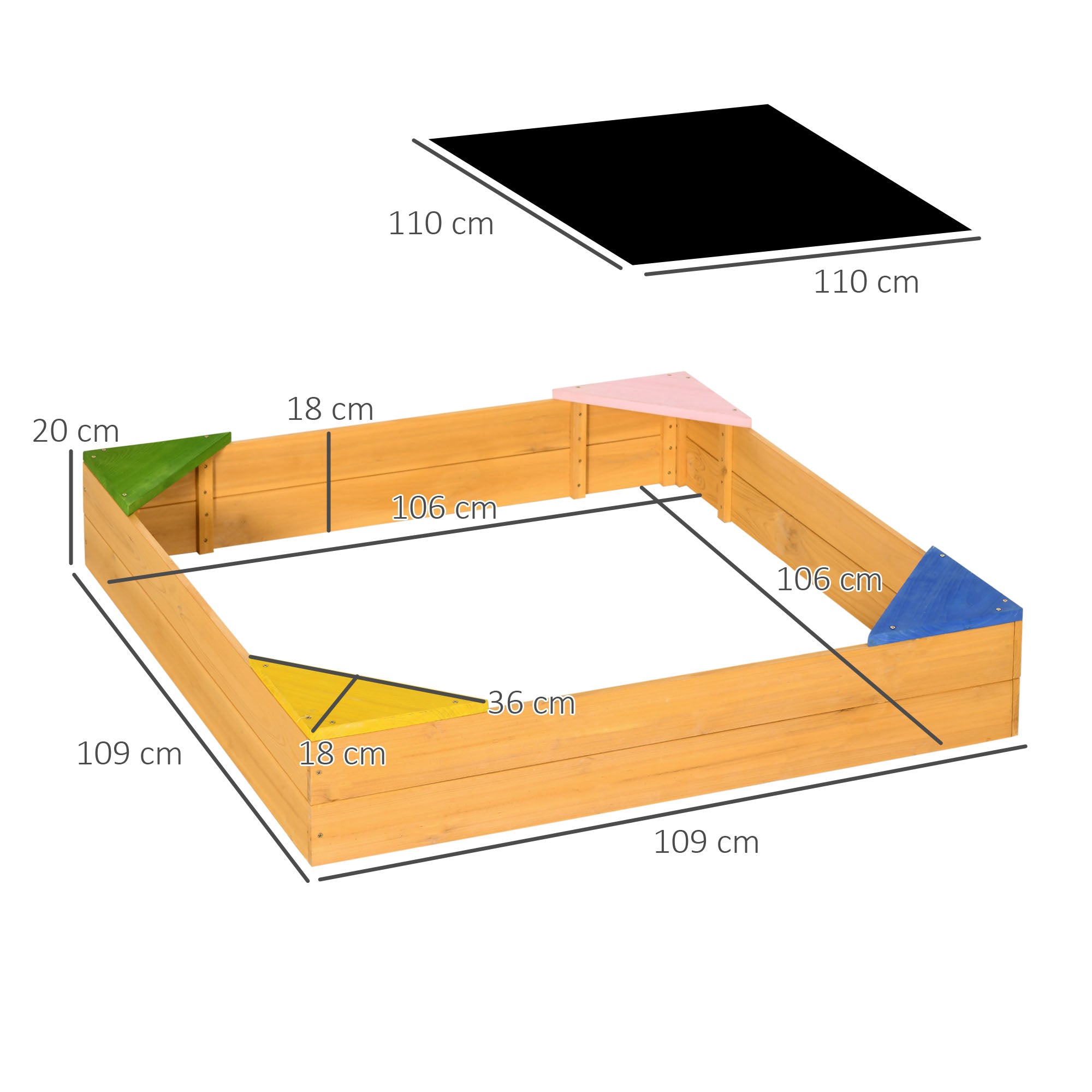 Outsunny Kids Wooden Sand Pit, Children Sandbox, with Four Seats, Non-Woven Fabric, for Gardens, Playgrounds - North Peak Garden Furniture