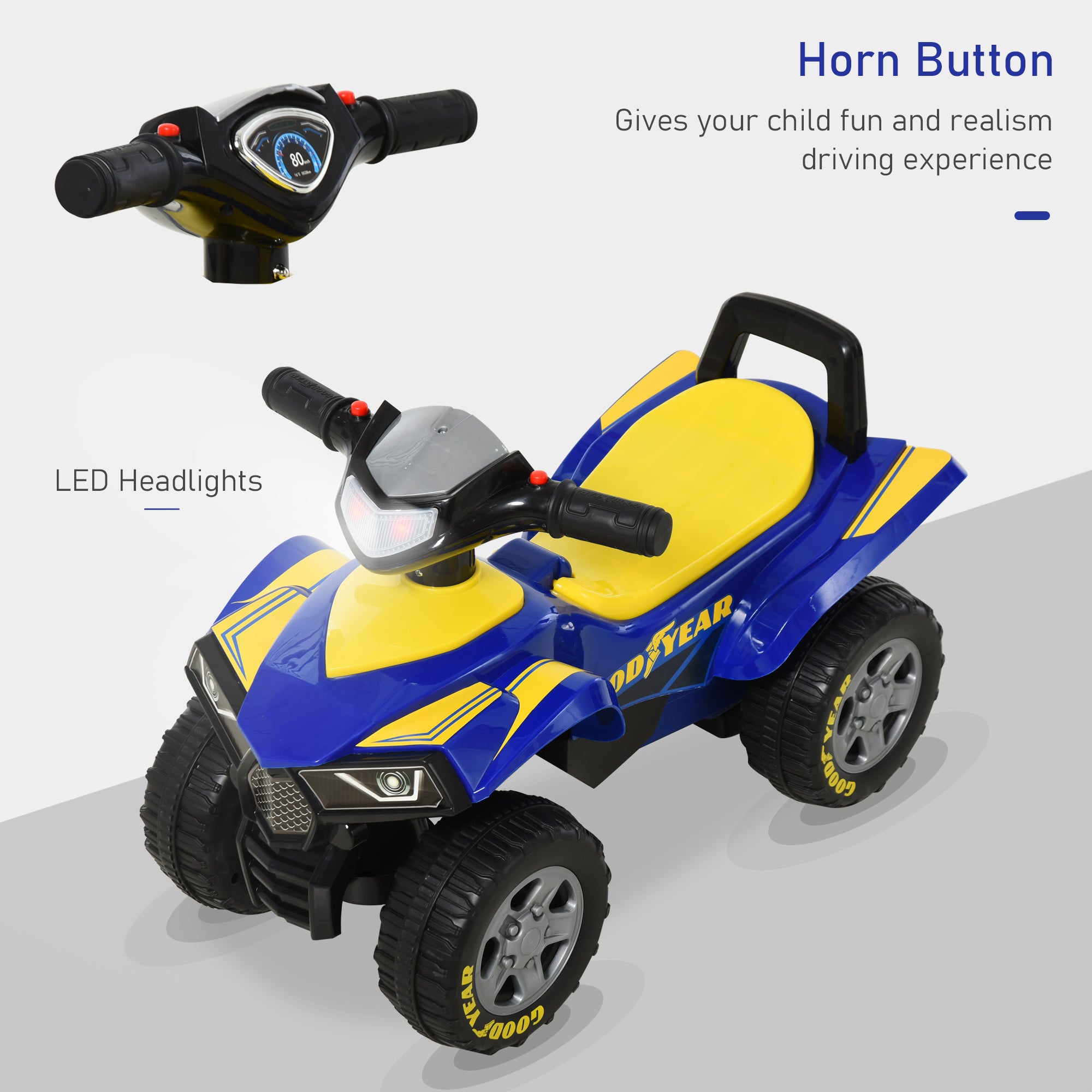 HOMCOM Baby Quad Bike Kids Ride On Car Goodyear Licensed Walker Foot To Floor Slider NO POWER w/ Lights Horn Storage Blue for 18-36 Months - North Peak Garden Furniture