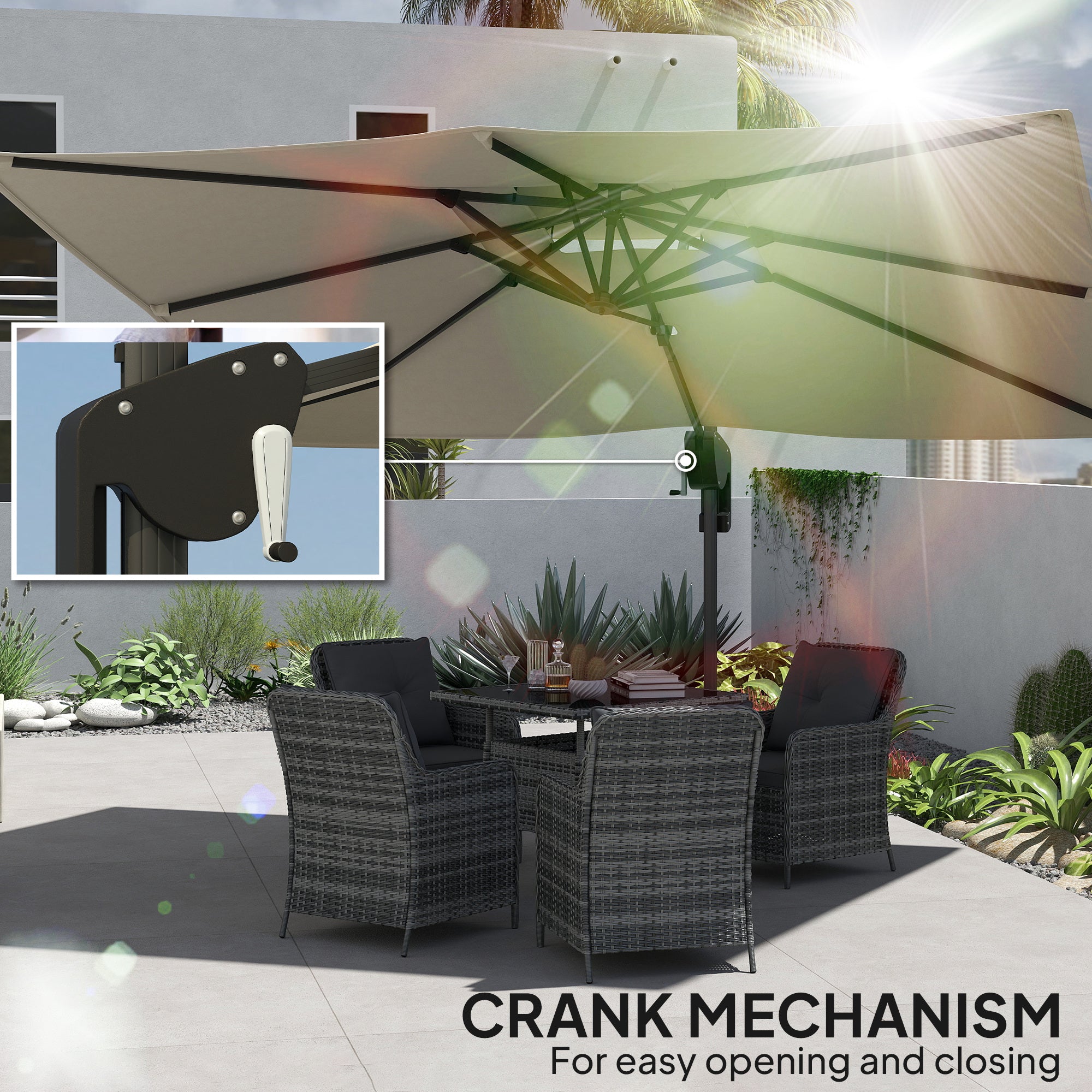 Outsunny 3.7 x 2.7 m Cantilever Parasol w/ 360° Rotation and Easy Tilt Adjustment, Aluminium Hanging Offset Outdoor Umbrella w/ Double Top and Cross Base, UPF50+ Hanging Sun Shade, Black - North Peak Garden Furniture