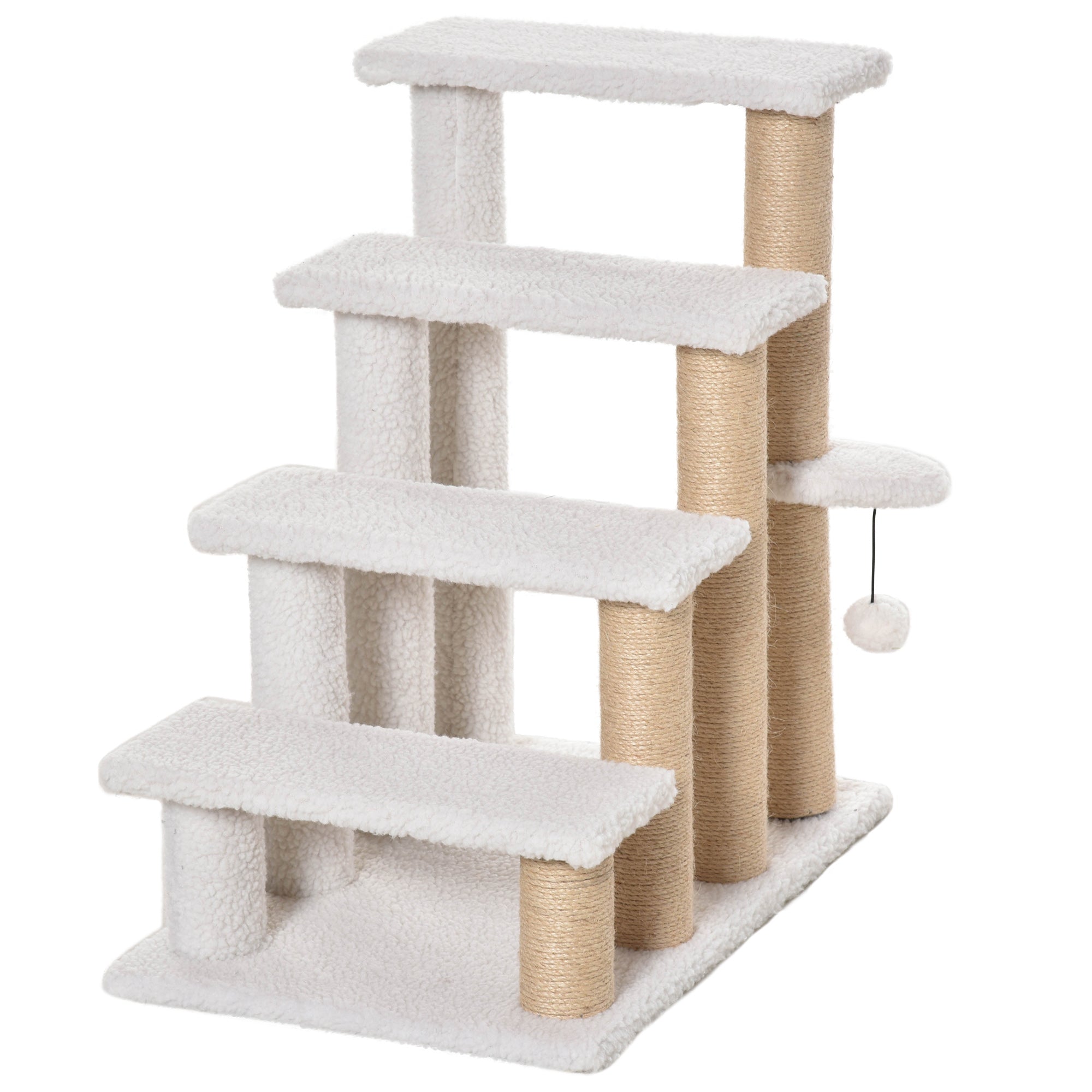 PawHut Pet Stair with 4-step Climb Ladder, Scratching Posts, Platforms, Toy Ball, for Indoor Elderly Cats Kittens, White - North Peak Garden Furniture