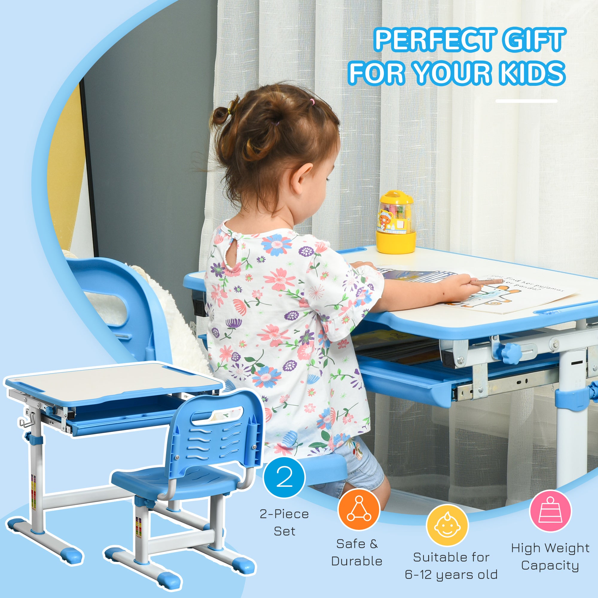 HOMCOM Kids Desk and Chair Set, Height Adjustable Student Writing Desk, Children School Study Table with Tiltable Desktop, Drawer, Pen Slot, Hook - Blue - North Peak Garden Furniture