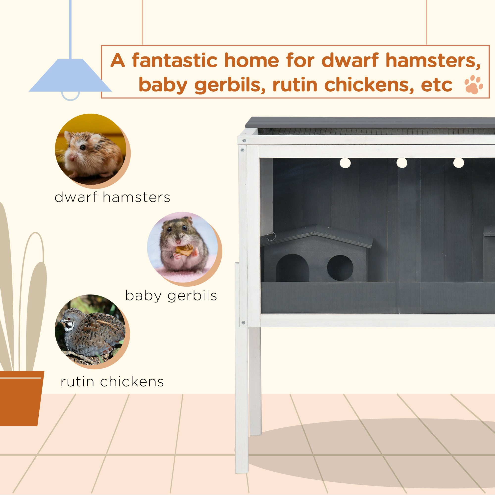 PawHut Wooden Hamster Cage for Dwarf Hamsters, Gerbils, Rutin Chicken, with Shelf, Two Huts - Grey - North Peak Garden Furniture