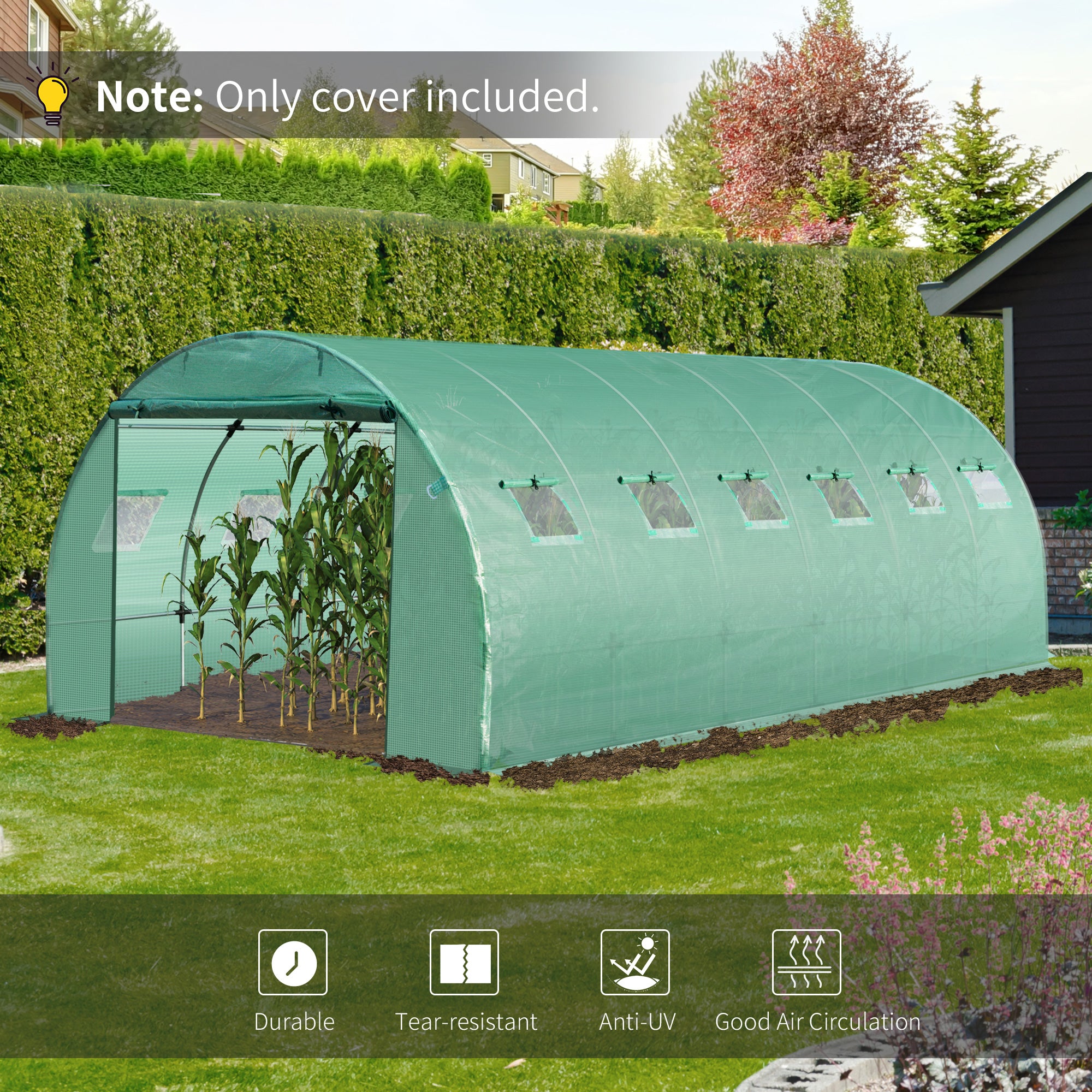 Outsunny 6 x 3 x 2m Greenhouse Replacement Cover ONLY Winter Garden Plant PE Cover for Tunnel Walk-in Greenhouse with Roll-up Windows Door Outdoor, Green - North Peak Garden Furniture