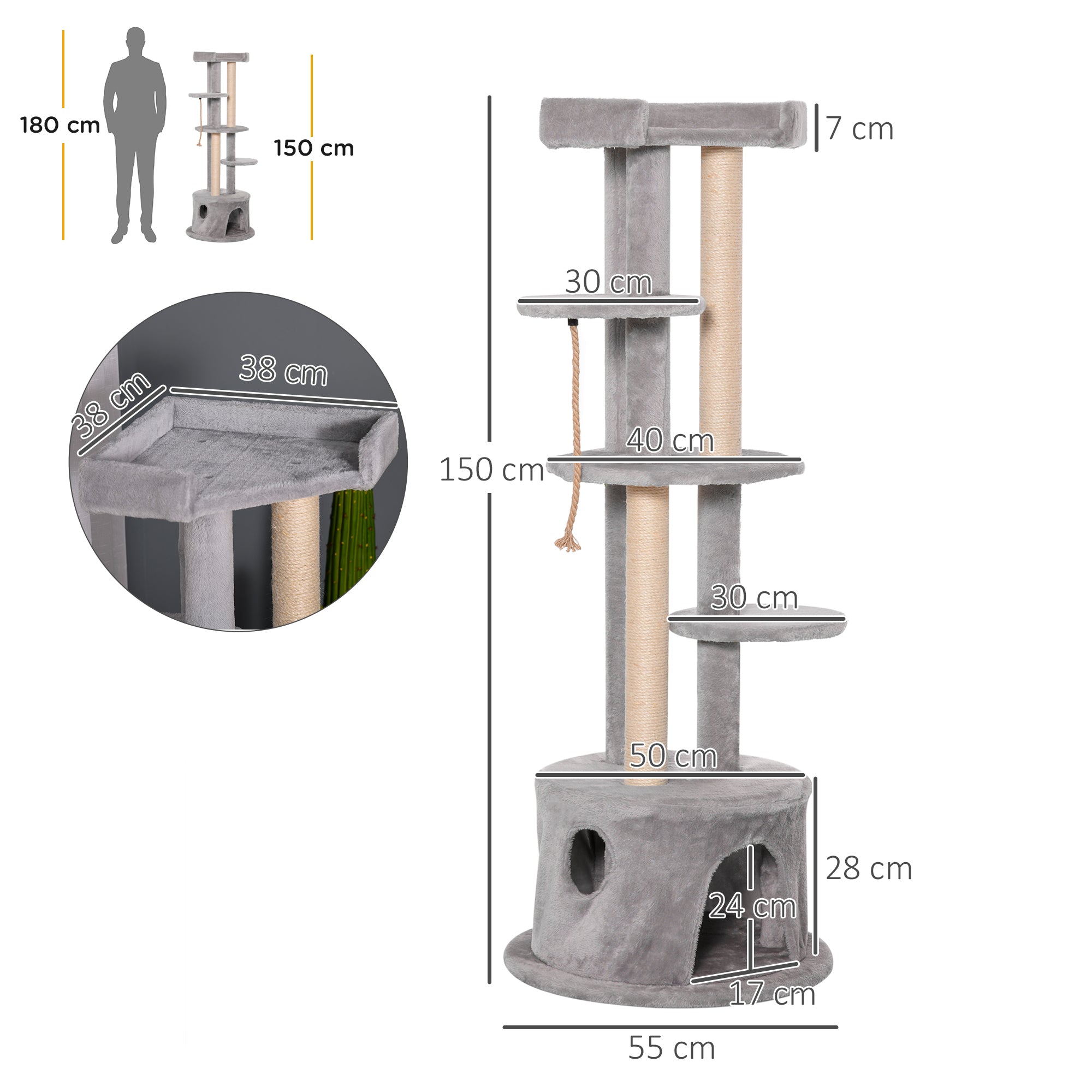 PawHut Cat Tree for Indoor Cats Kitten Tower Multi-level Activity Centre Pet Furniture with Scratching Post Condo Hanging Ropes Plush Perches Grey - North Peak Garden Furniture