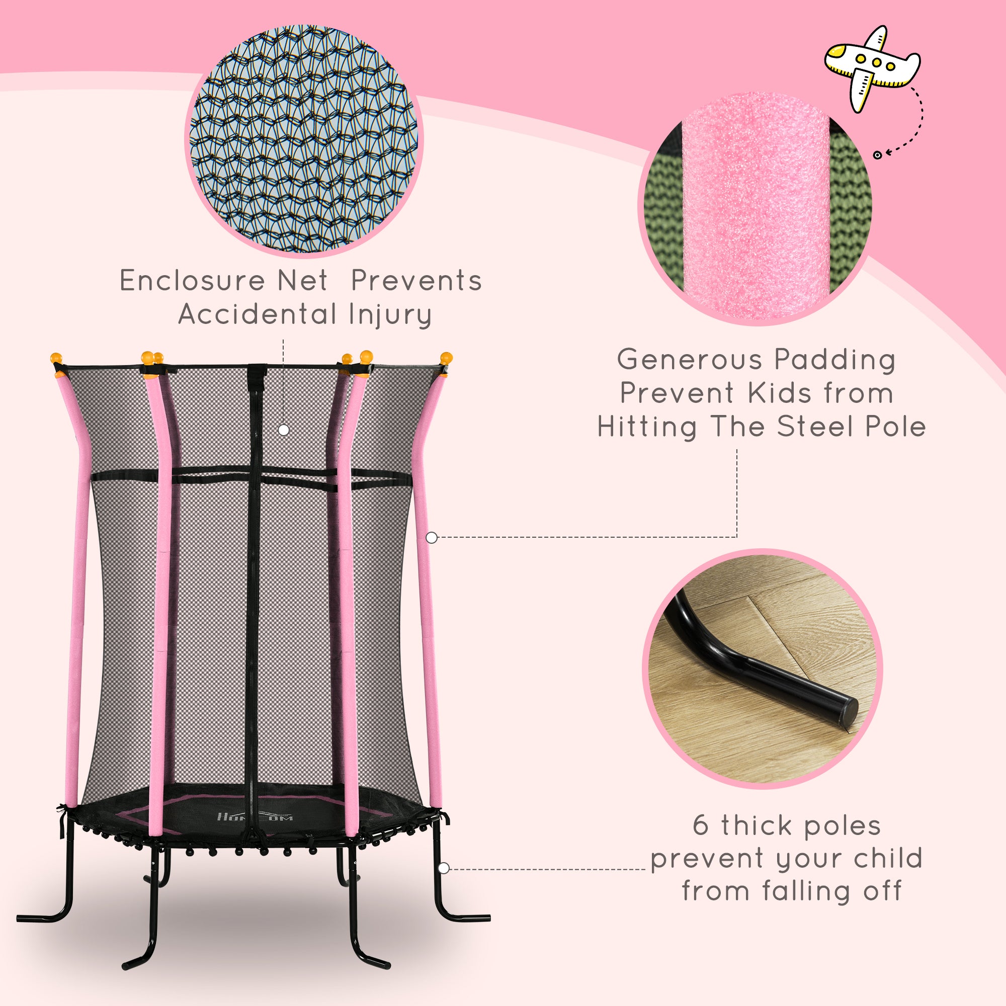 HOMCOM Kids Trampoline Mini Bouncer with Enclosure Safety Net For Ages 3-10 Years - Pink - North Peak Garden Furniture