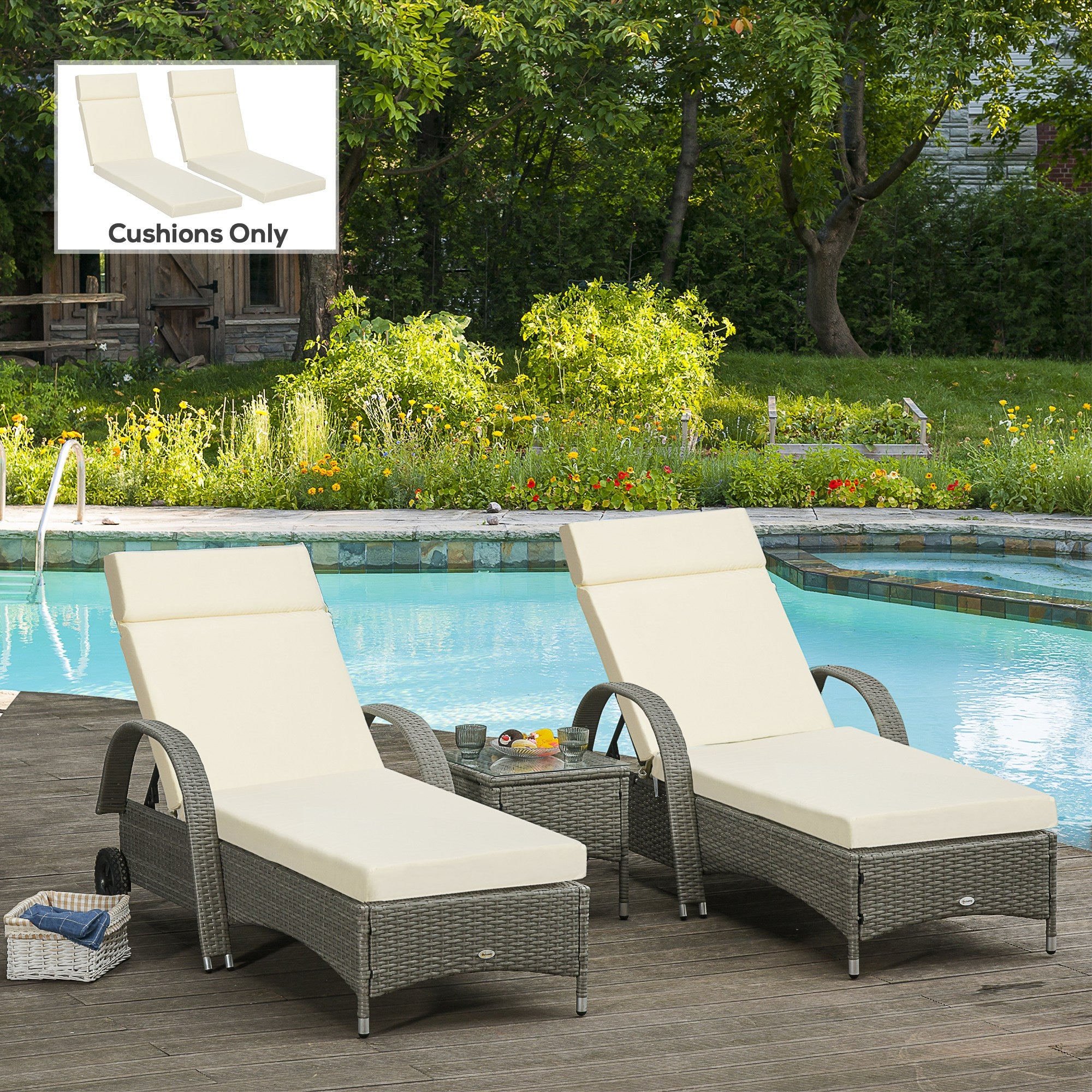 Outsunny Set of 2 Sun Lounger Cushions, Replacement Cushions for Rattan Furniture with Ties, 196 x 55 cm, Cushion ONLY, Cream White