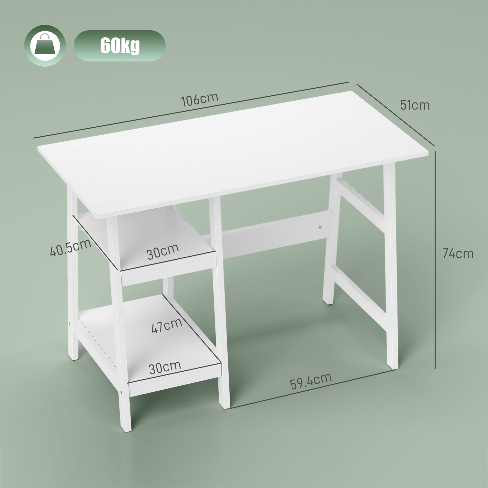 HOMCOM Compact Computer Desk with Storage Shelves, Study Table with Bookshelf, PC Table Workstation for Home Office, Study, Easy Assembly, 106 x 51cm, White - North Peak Garden Furniture