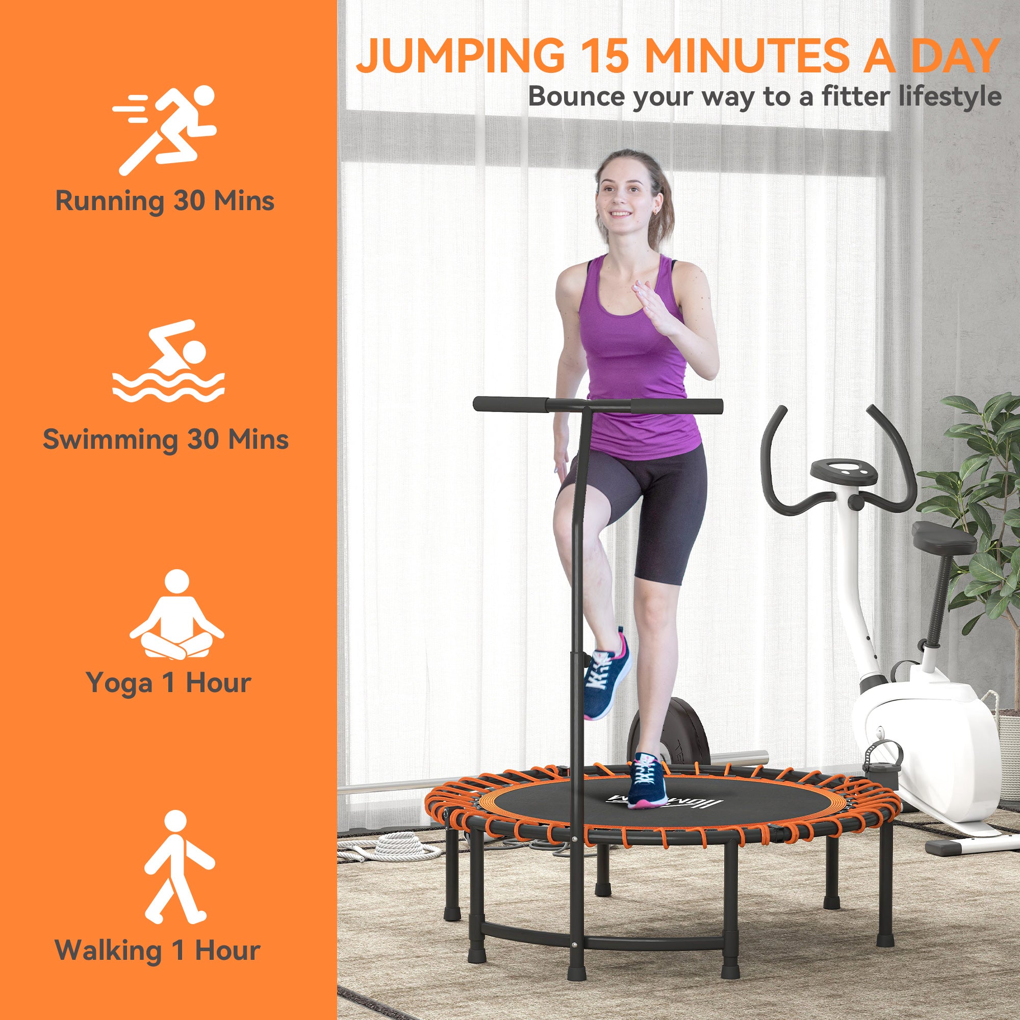 HOMCOM Mini Round Steel Frame Trampoline w/ Adjustable Handle, Orange - North Peak Garden Furniture