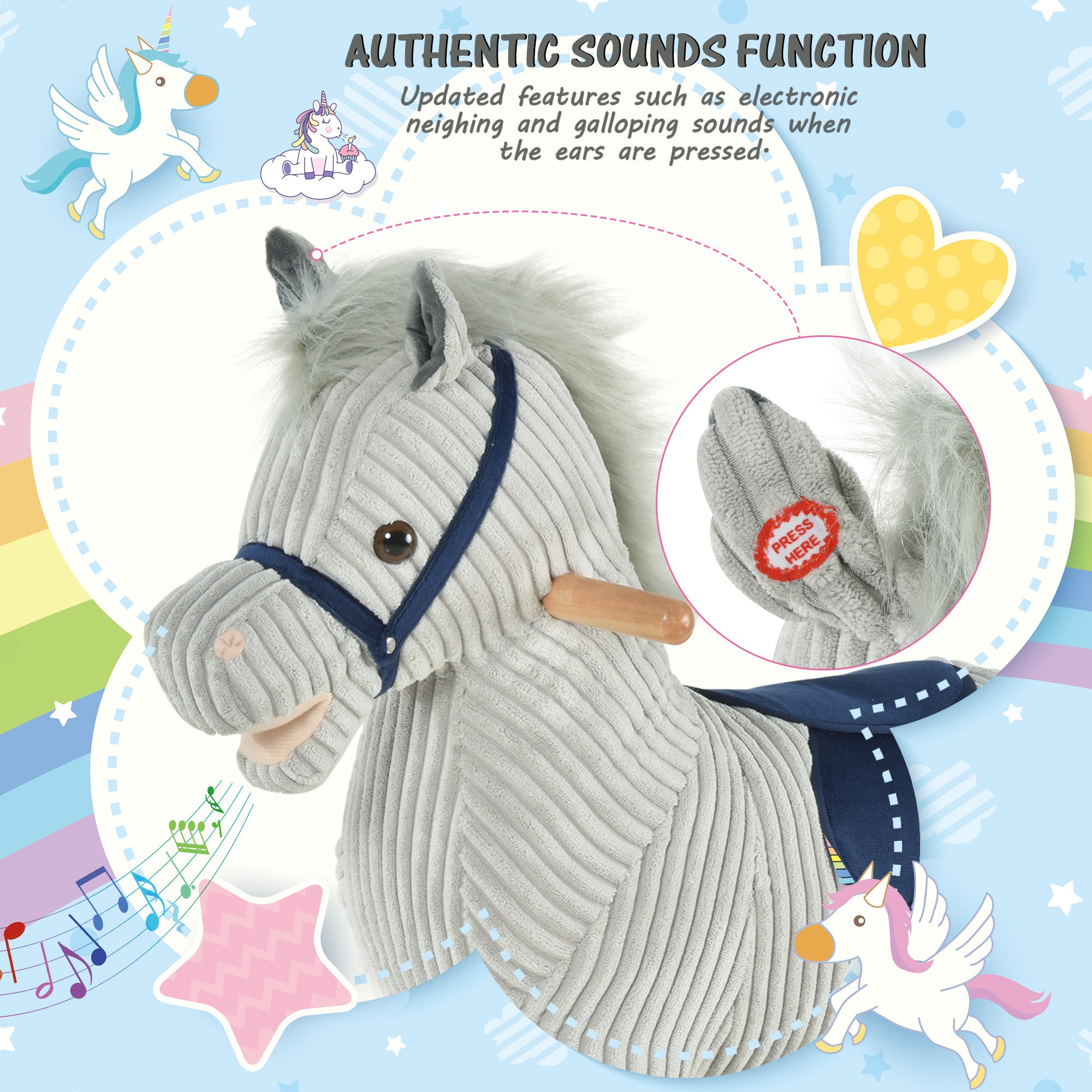 HOMCOM Kids Plush Rocking Horse w/ Sound Children Rocker Ride On Toy Gift 3-6 Years Grey - North Peak Garden Furniture