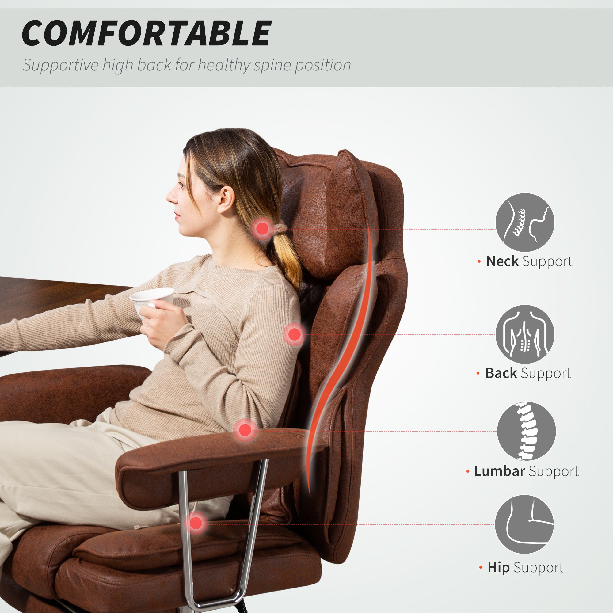 HOMCOM Leathaire Reclining Office Chair with Lumbar Support Pillow - Dark Brown - North Peak Garden Furniture