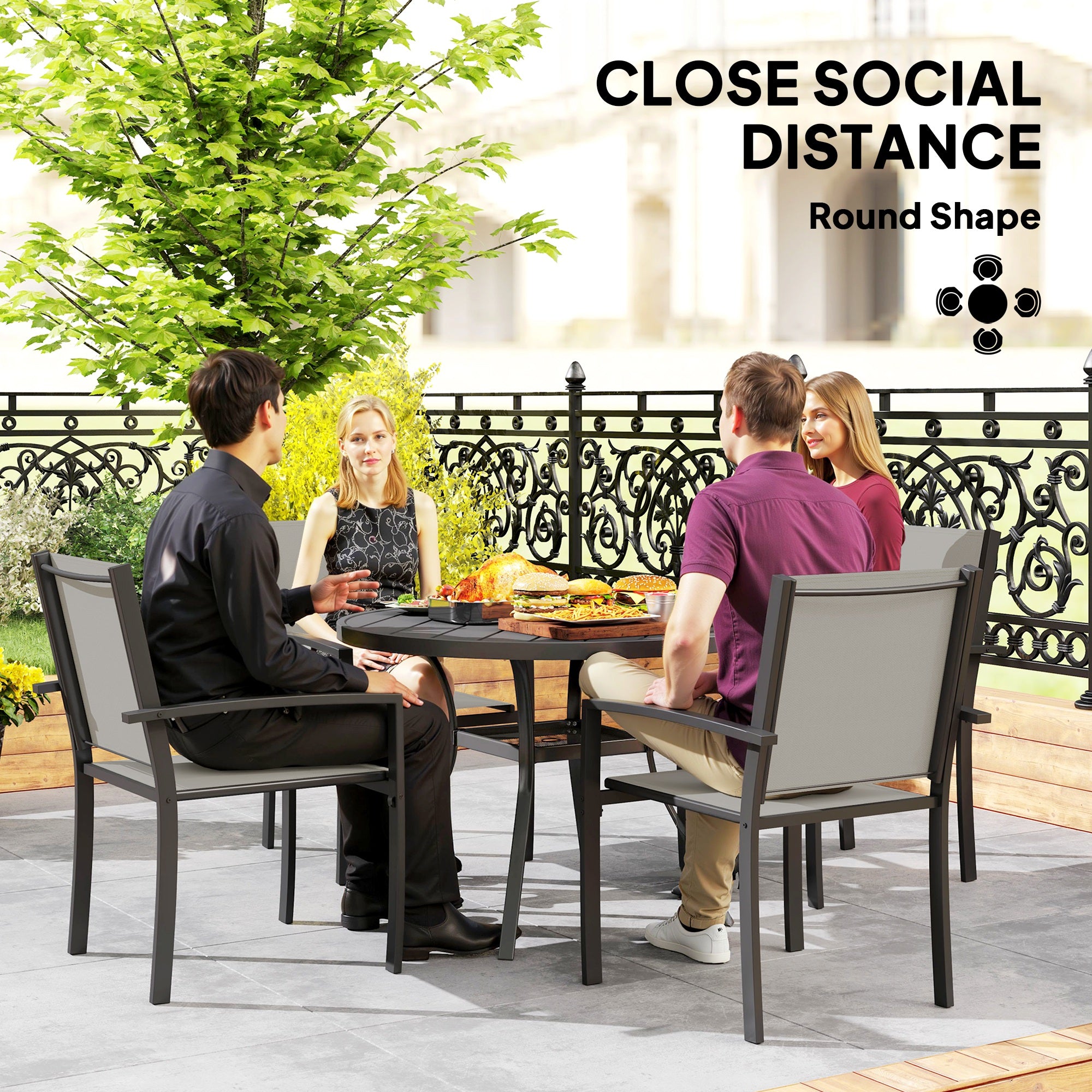 Outsunny 5 Piece Garden Furniture Set, Garden Dining Set with Round Table and 4 Stackable Chairs, Steel Frame, for Outdoor, Patio, Terraces, Dark Grey - North Peak Garden Furniture