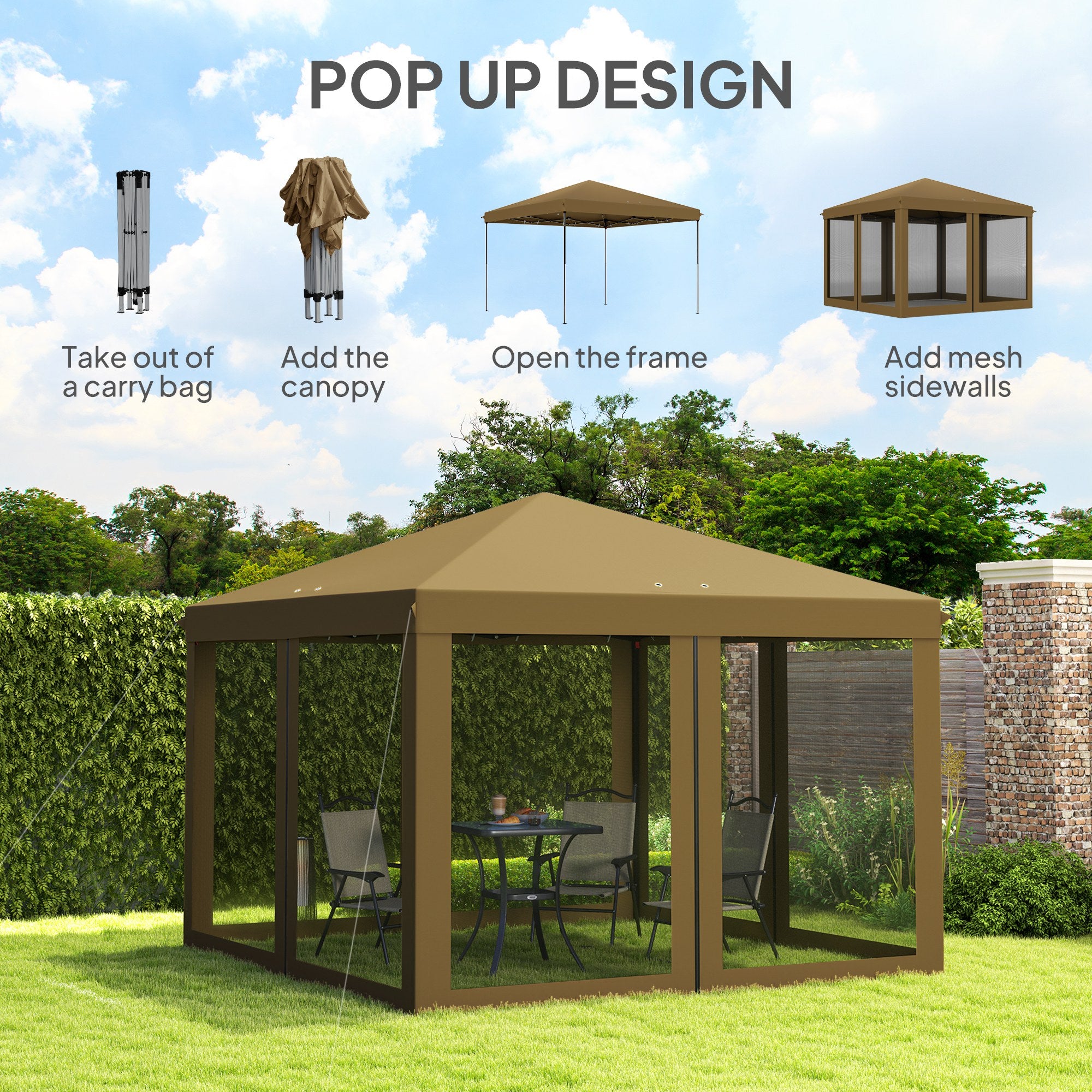 Outsunny 3 x 3 m Pop Up Gazebo, 420D Garden Tent Canopy with Removable Mesh Sidewall Netting, Carry Bag for Garden Patio Outdoor, Khaki - North Peak Garden Furniture