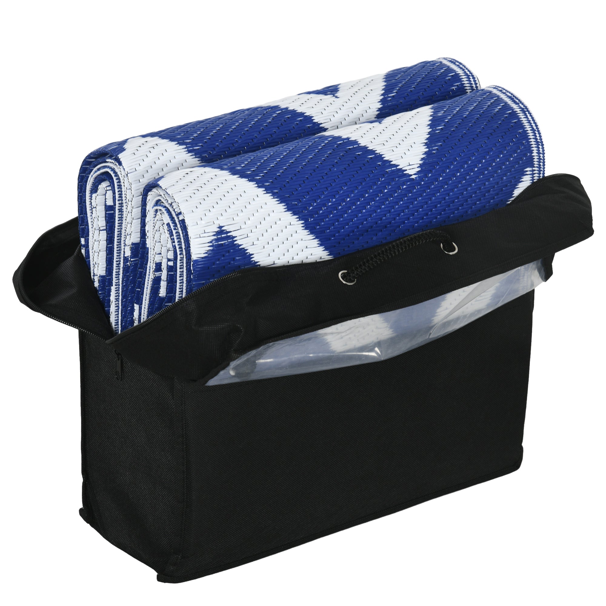 Outsunny Plastic Straw Reversible RV Outdoor Rug with Carry Bag, 182 x 274cm, Blue and White - North Peak Garden Furniture
