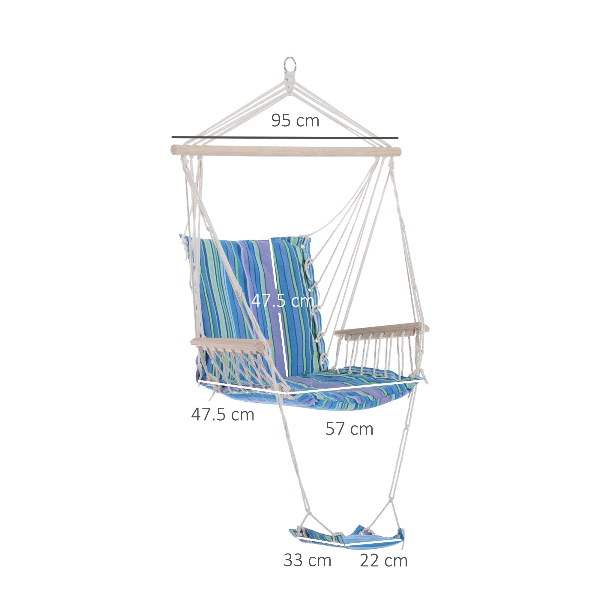 Outsunny Hanging Rope Chair with Soft Padded Seat & Backrest, Portable Garden Hammoc Chair with Wooden Support Bar, Armrests, Cotton Cloth, Footrest, for Patio & Tree, Blue - North Peak Garden Furniture