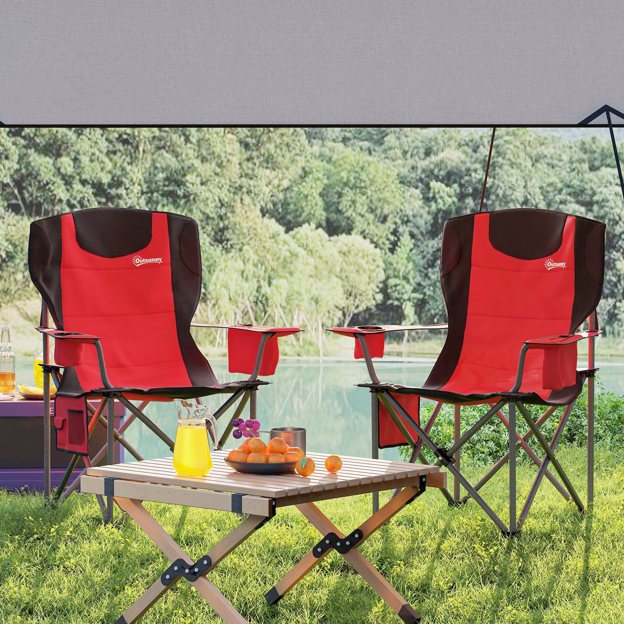 Outsunny Set of 2 Folding Camping Chairs, Padded Camping Chairs with Adjustable Armrests, Portable & Lightweight Folding Camp Chair with Cooler Bag, Cup Holder and Side Pockets, Red - North Peak Garden Furniture