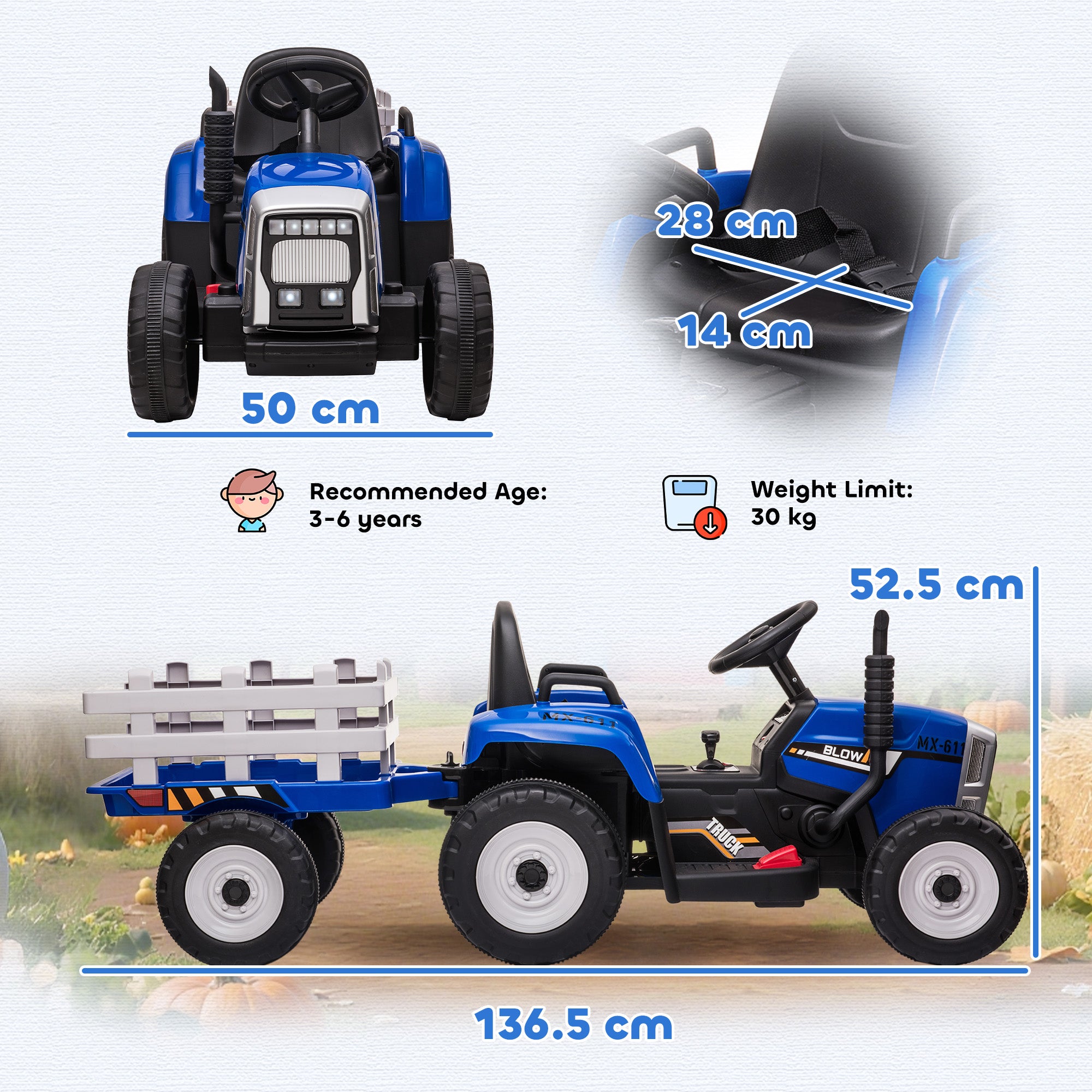 HOMCOM Ride On Tractor, Battery Powered Electric Car, with Detachable Trailer, Remote Control, Music - Blue