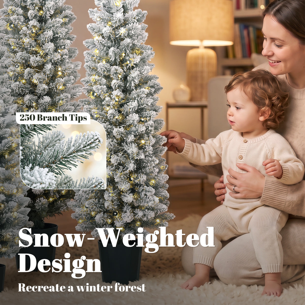 HOMCOM Prelit Snowy Flocked Artificial Christmas Tree Set of 3, Slim Xmas Tree with PVC Tips, 3FT+4FT+5FT