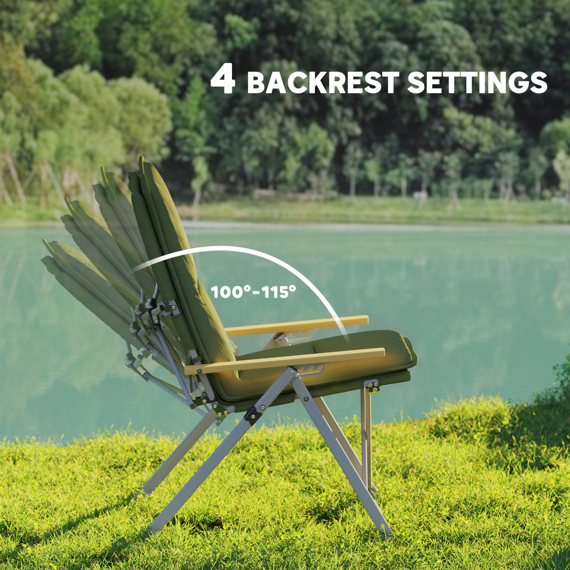 Outsunny Portable Camping Chair for Adults, High Back Folding Chair with Padded Seat and Carry Bag, Outdoor Recliner for Hiking, Fishing, Beach and Picnic, Green - North Peak Garden Furniture
