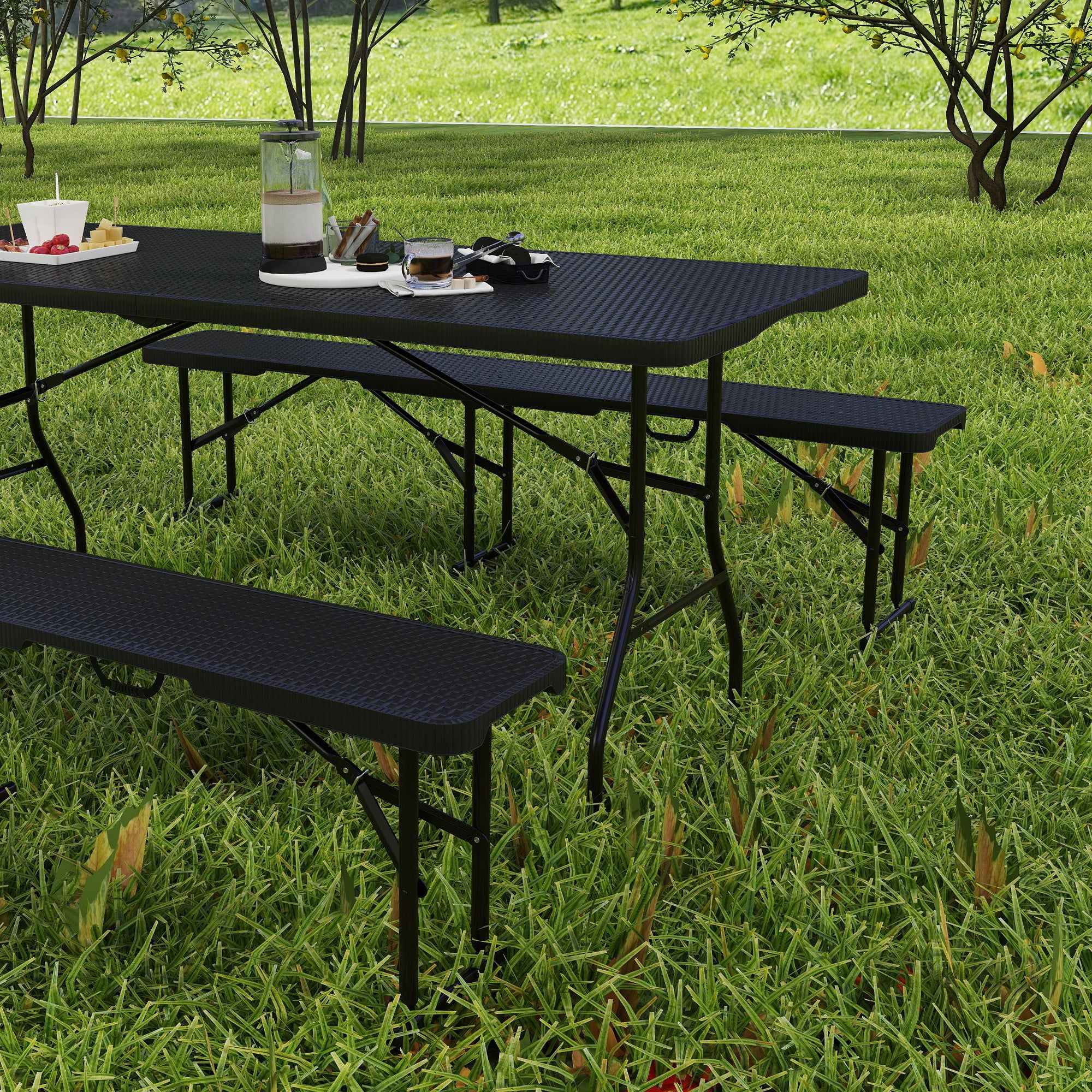 Outsunny Folding Picnic Table and Bench Set, Rattan Effect Portable Camping Table and Chairs with Carrying Handles for Indoor Outdoor, Dining, Camping, Picnic, BBQ, Party, Black - North Peak Garden Furniture