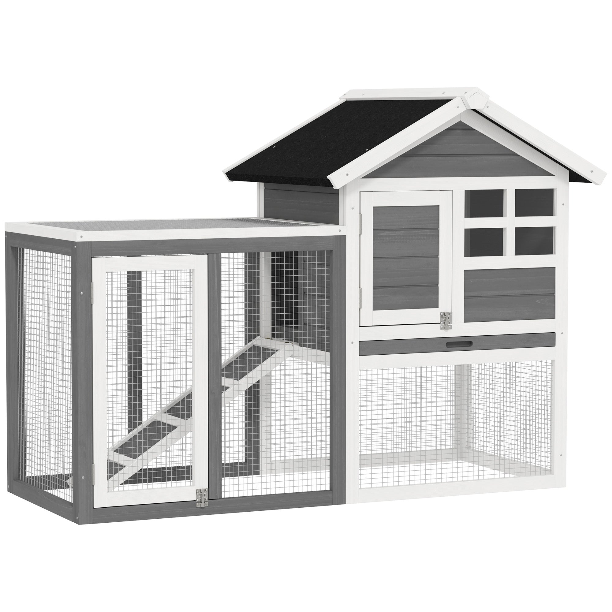 PawHut Rabbit Hutch Outdoor Wooden Guinea Pig Hutch Rabbit Run Bunny Cage Small Animal House Pull-Out Tray, Grey, 122 x 62.6 x 92 cm
