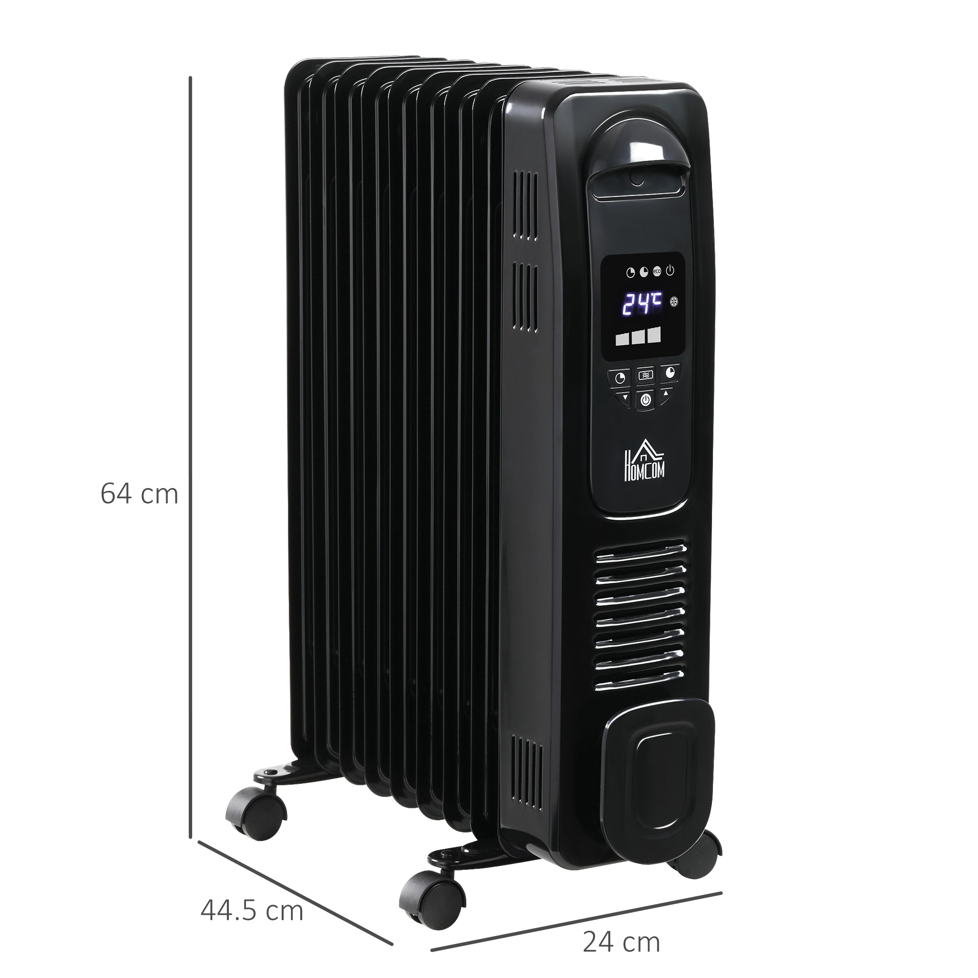 HOMCOM 2000W Digital Oil Filled Radiator, 9 Fin, Portable Electric Heater with LED Display, Timer, 3 Heat Settings, Safety Cut-Off and Remote Control, Black - North Peak Garden Furniture