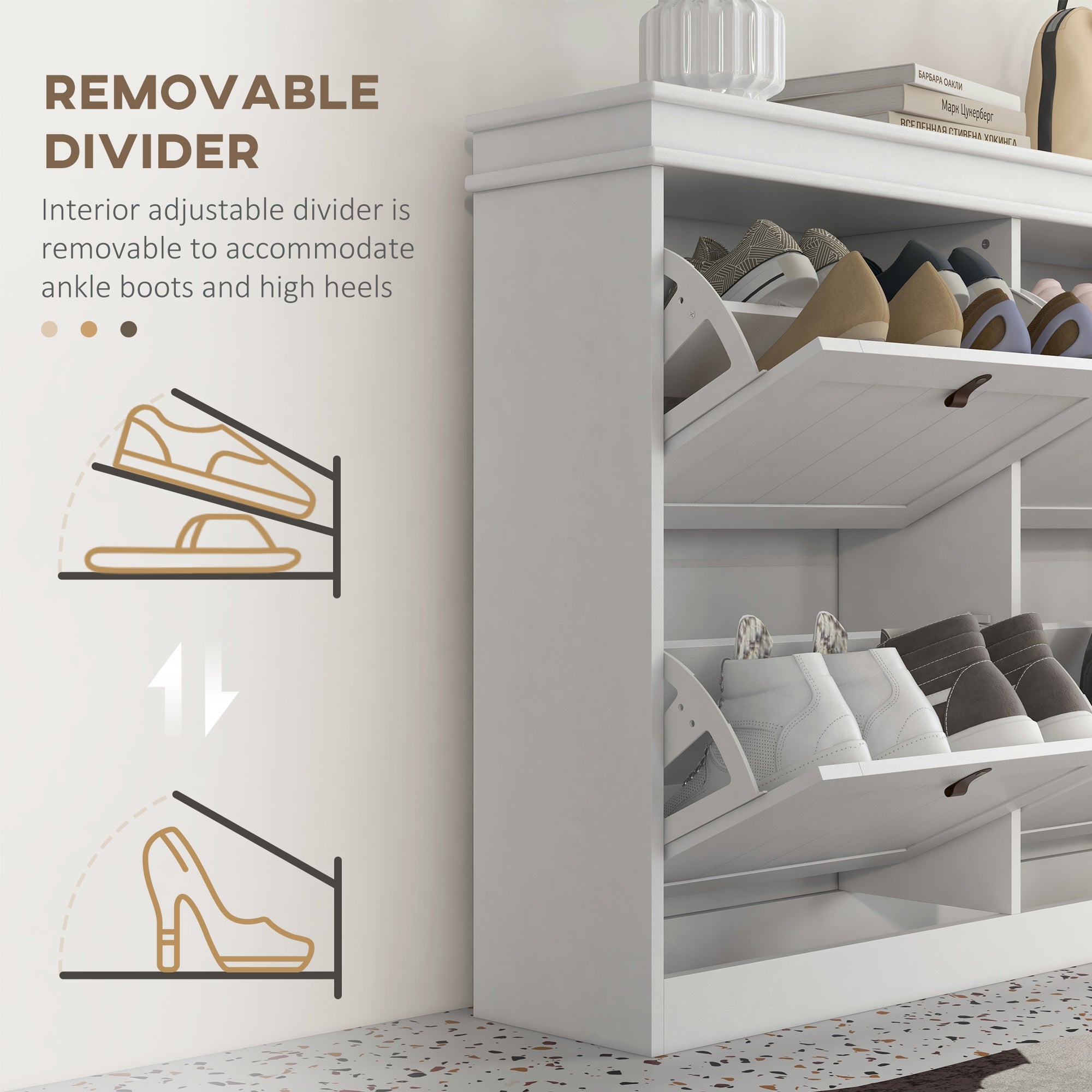 HOMCOM Slim Shoe Cabinet, Shoe Cabinet with 4 Drop-Down Drawers, 105W x 24D x 82.5H cm,  White