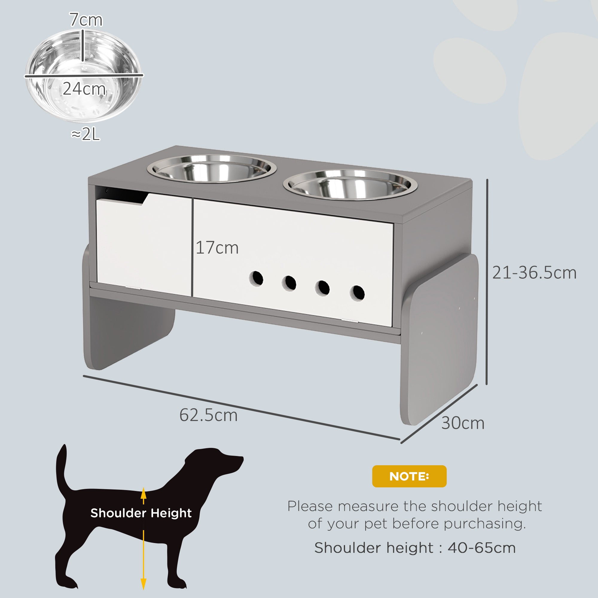 PawHut 3 Height Adjustable Raised Dog Bowls, Dog Feeding Storage Station w/ Slow Feeder Mat, 2 Stainless Steel Bowls