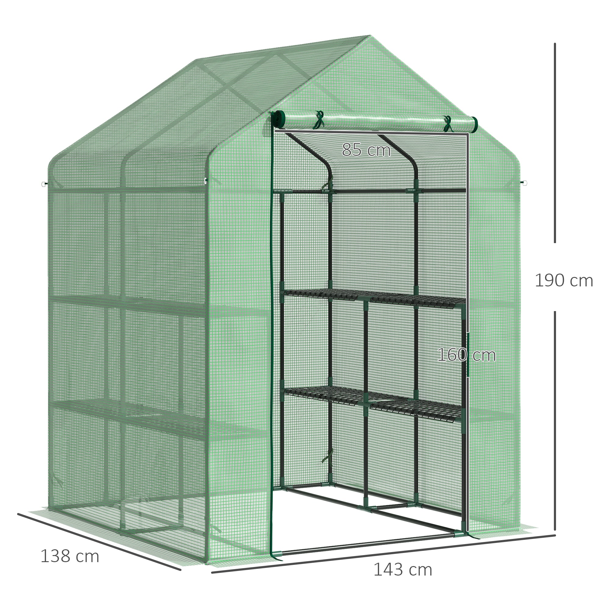 Outsunny Walk in Garden Greenhouse with Shelves Polytunnel Steeple Green house Grow House Removable Cover 143x138x190cm, Green - North Peak Garden Furniture