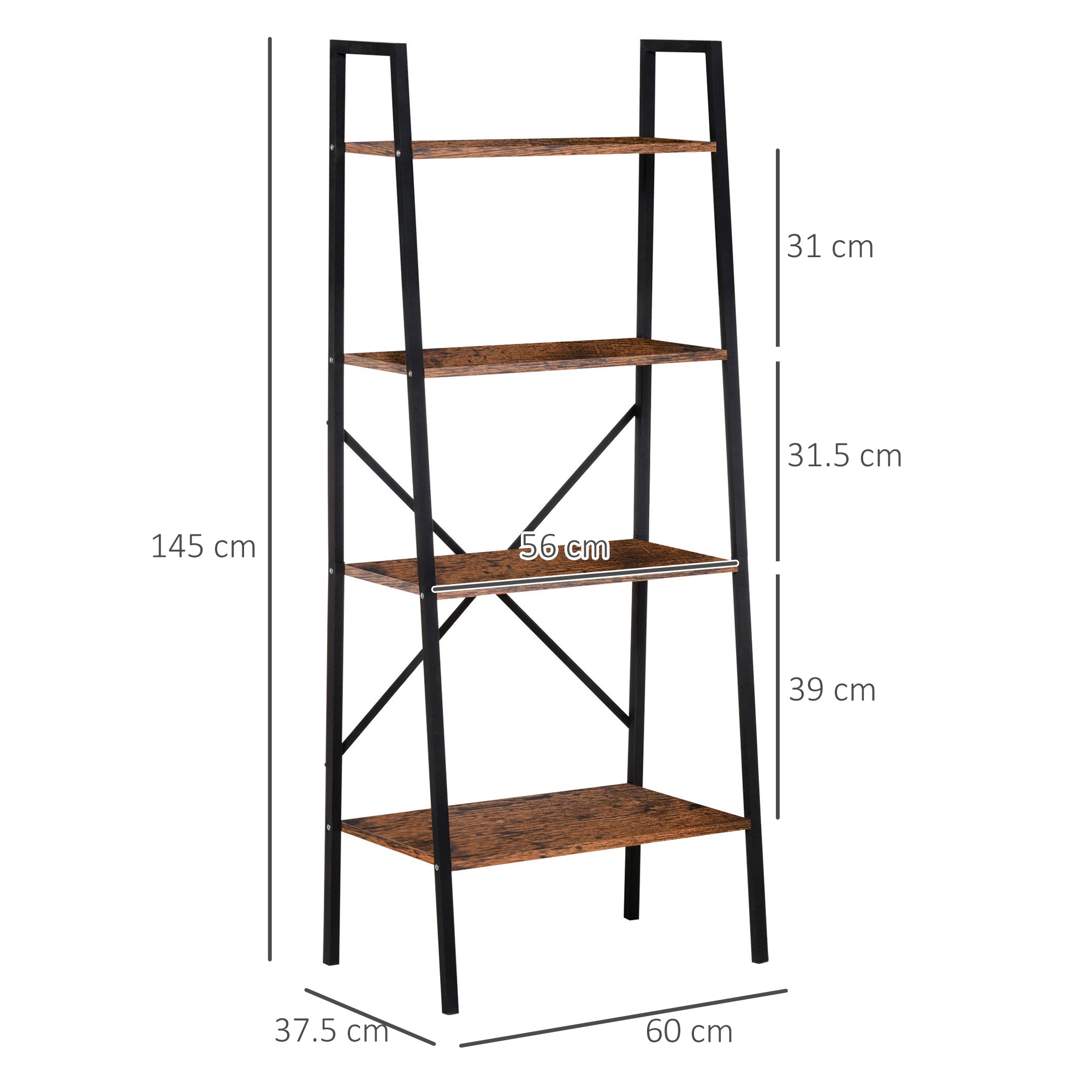 HOMCOM 4-Tier Vintage Ladder Shelf Bookcase Wood Storage Rack Stand Plants Display Black Brown