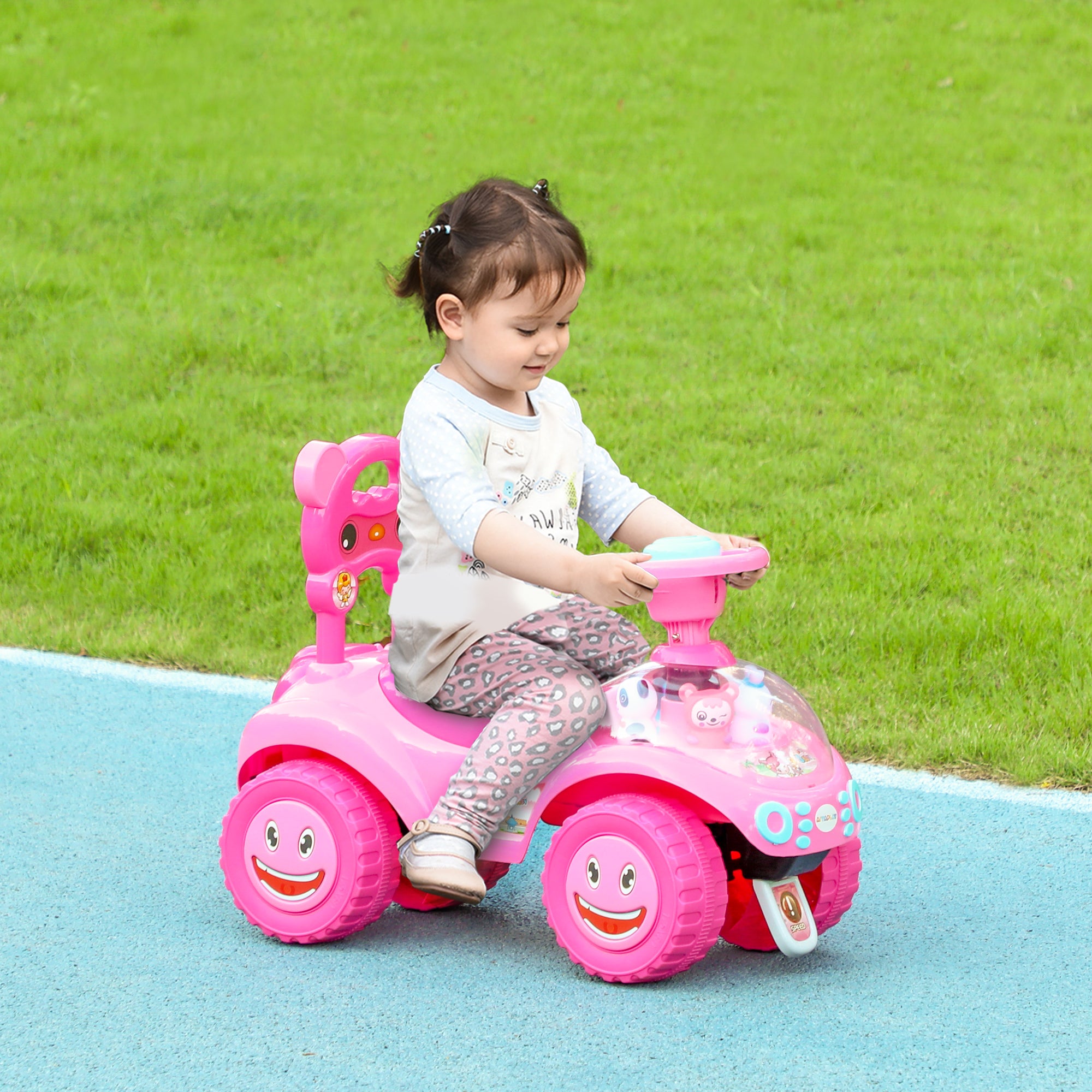 AIYAPLAY Foot to Floor oddler Ride on Toy w/ Music, Light, Horn, Under Seat Storage, Anti-Over-Backwards Device, Pink - North Peak Garden Furniture