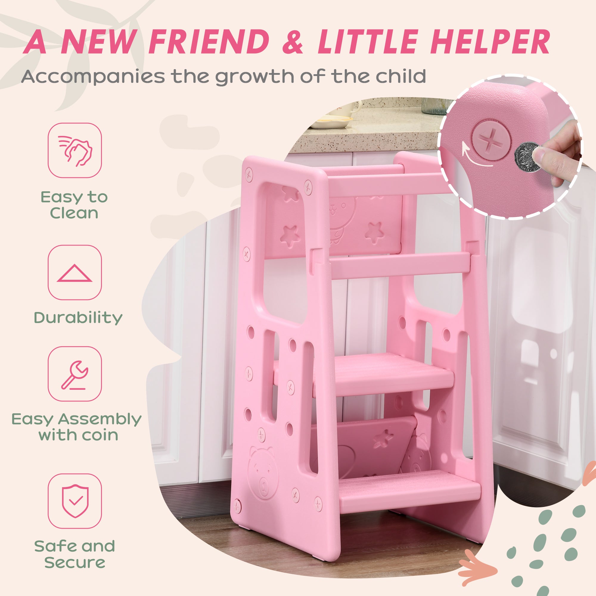 HOMCOM Kids Step Stool, Adjustable Standing Platform, Toddler Kitchen Stool - North Peak Garden Furniture