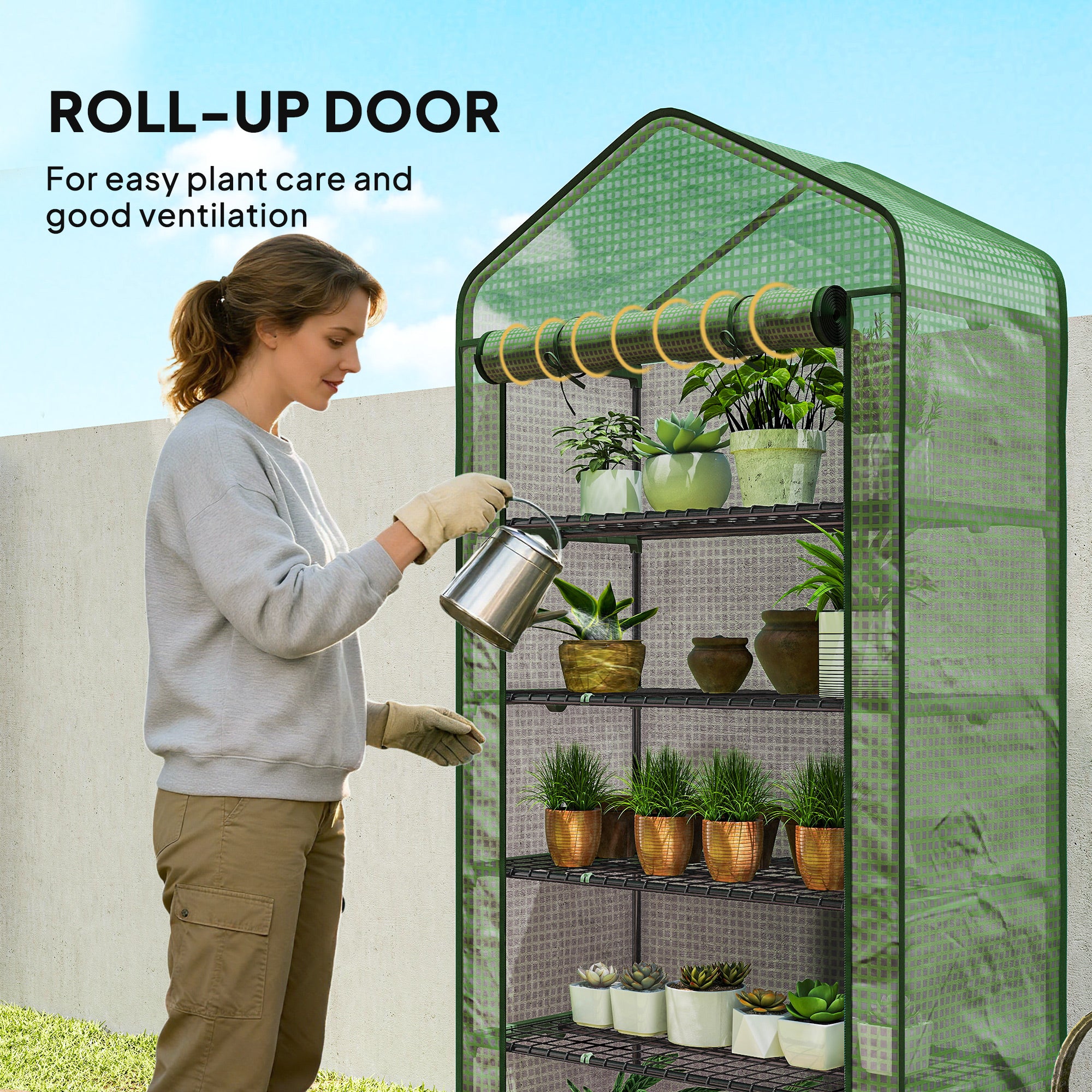 Outsunny 5 Tier Widened Mini Greenhouse with Reinforced PE Cover, Portable Indoor Outdoor Green House with Roll-up Door and Wire Shelves, 193H x 90W x 49Dcm, Green