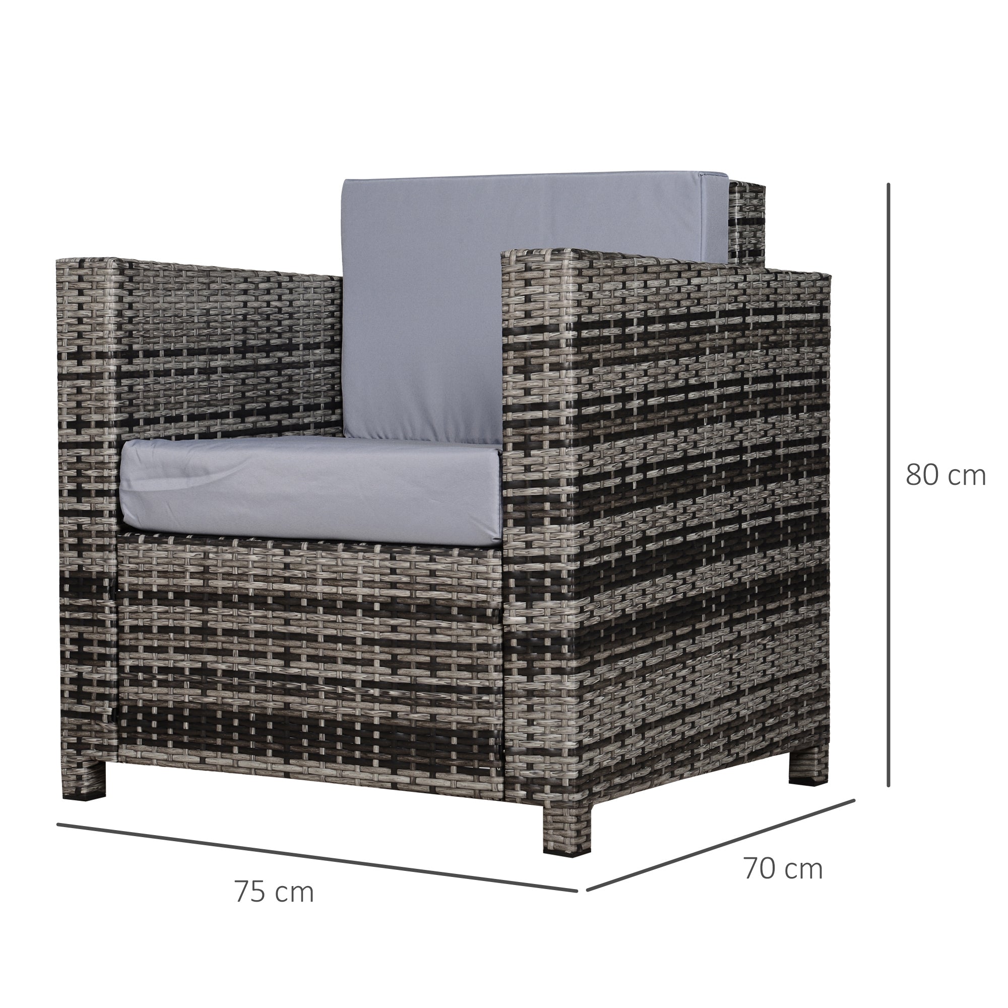 Outsunny Single Seater Rattan Chair Sofa with 10 cm Thick Padded Cushion, All-Weather PE Wicker Weave Garden Armchair with Armrests, Grey - North Peak Garden Furniture