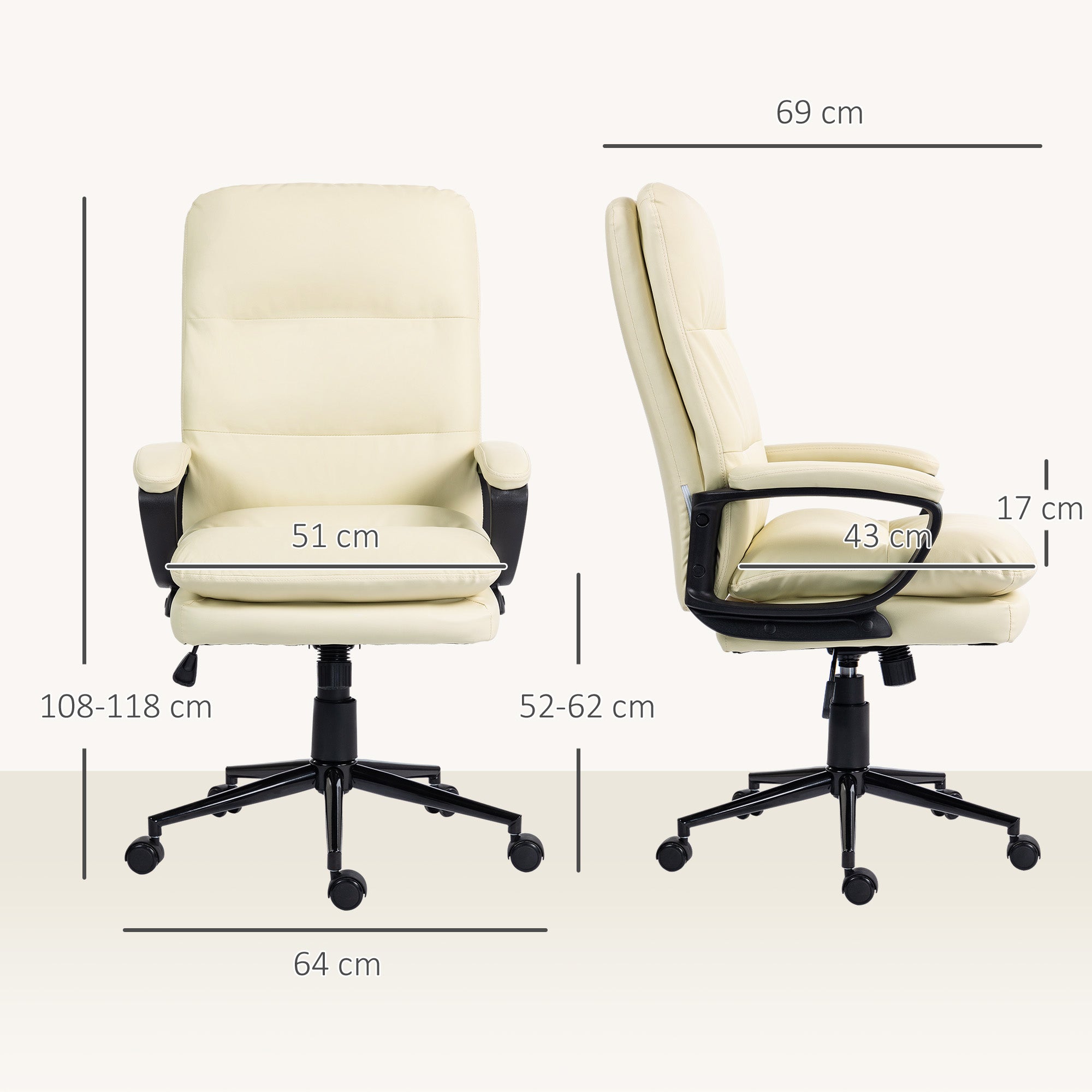 Vinsetto Office Chair, PU Leather Computer Desk Chair Office Chair with Adjustable Height and Swivel Rolling Wheels for Work Study, Cream White - North Peak Garden Furniture