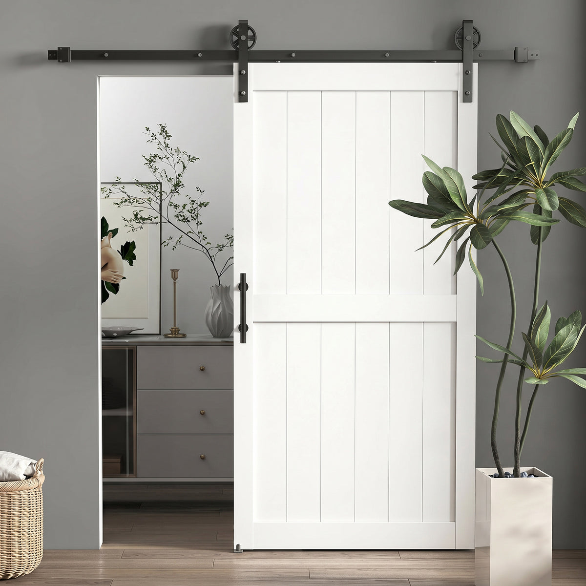 HOMCOM 213.4cm Sliding Barn Door Kit, Sliding Door with Track, Hardware, Upgraded Rollers and Floor Guide, Handle, White