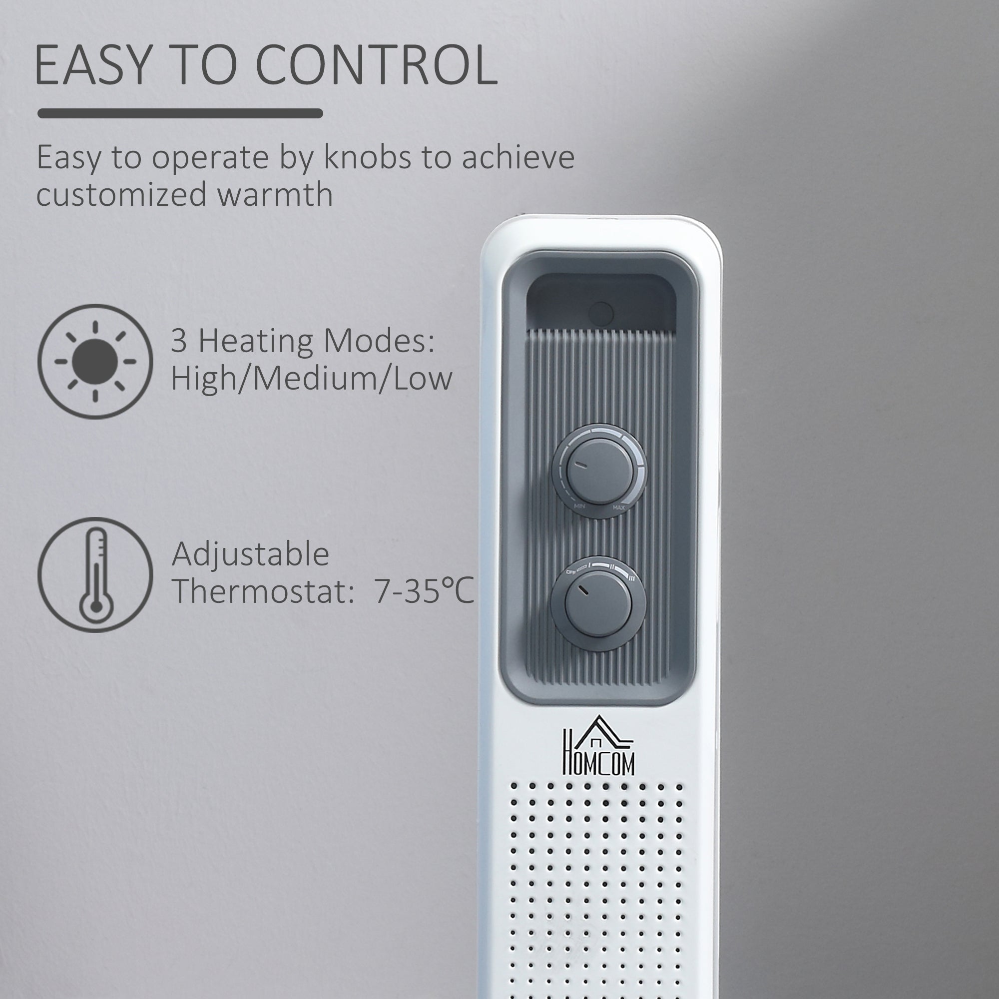 HOMCOM 1500W Oil Filled Radiator, 7 Fin, Portable Electric Heater with 3 Heat Settings, Safety Cut-Off and Wheels, White - North Peak Garden Furniture