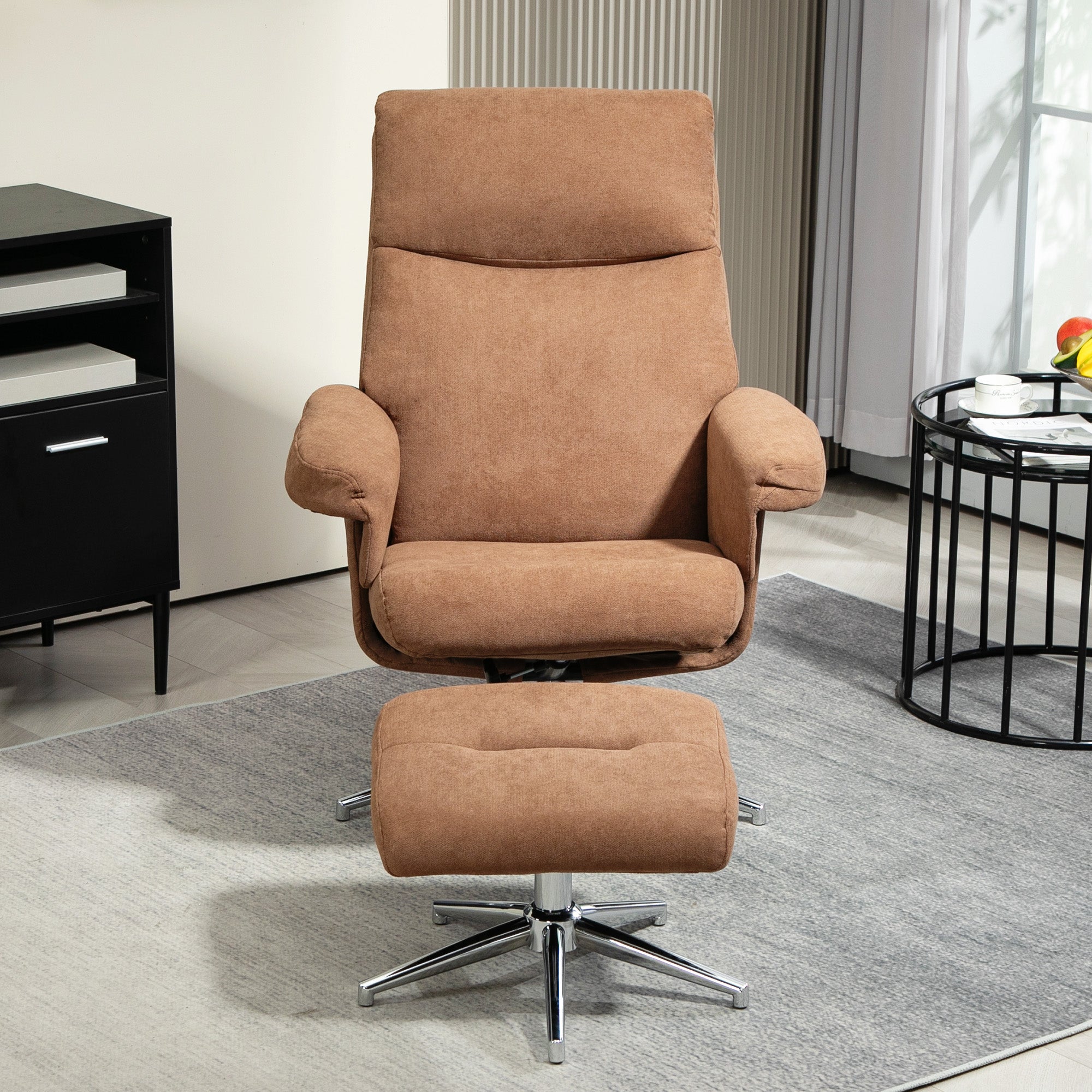 HOMCOM Recliner Chair with Footstool, Upholstered Velvet Fabric Armchair with Adjustable Back, Solid Wood Frame for Living Room, Light Brown