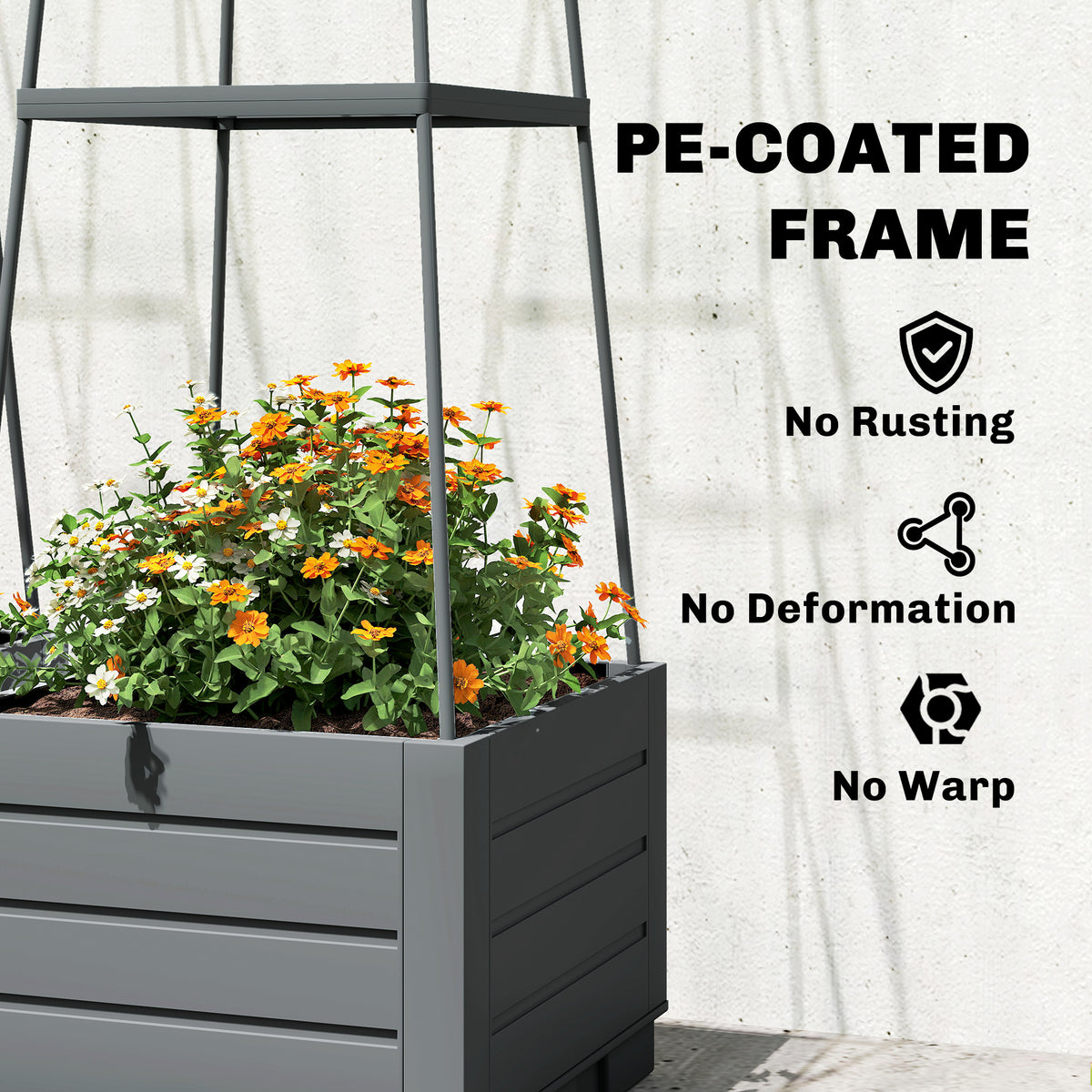 Outsunny 2 Pack Raised Garden Bed with Trellis, Plastic Outdoor Planter Box with Removable Drainage Tray