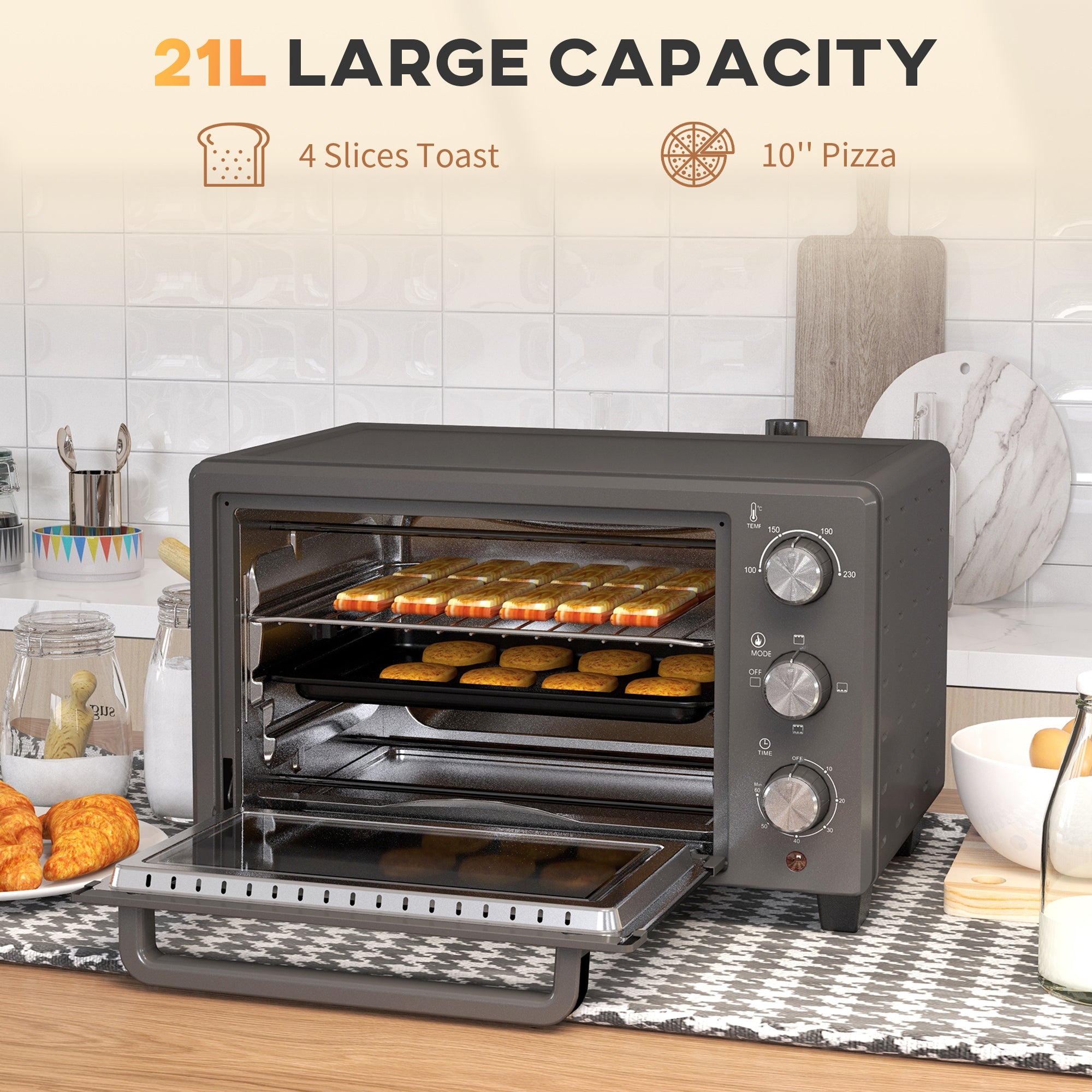 HOMCOM Mini Oven, 21L Countertop Electric Grill, Toaster Oven with Adjustable Temperature, Timer, Baking Tray and Wire Rack, 1400W, Grey - North Peak Garden Furniture