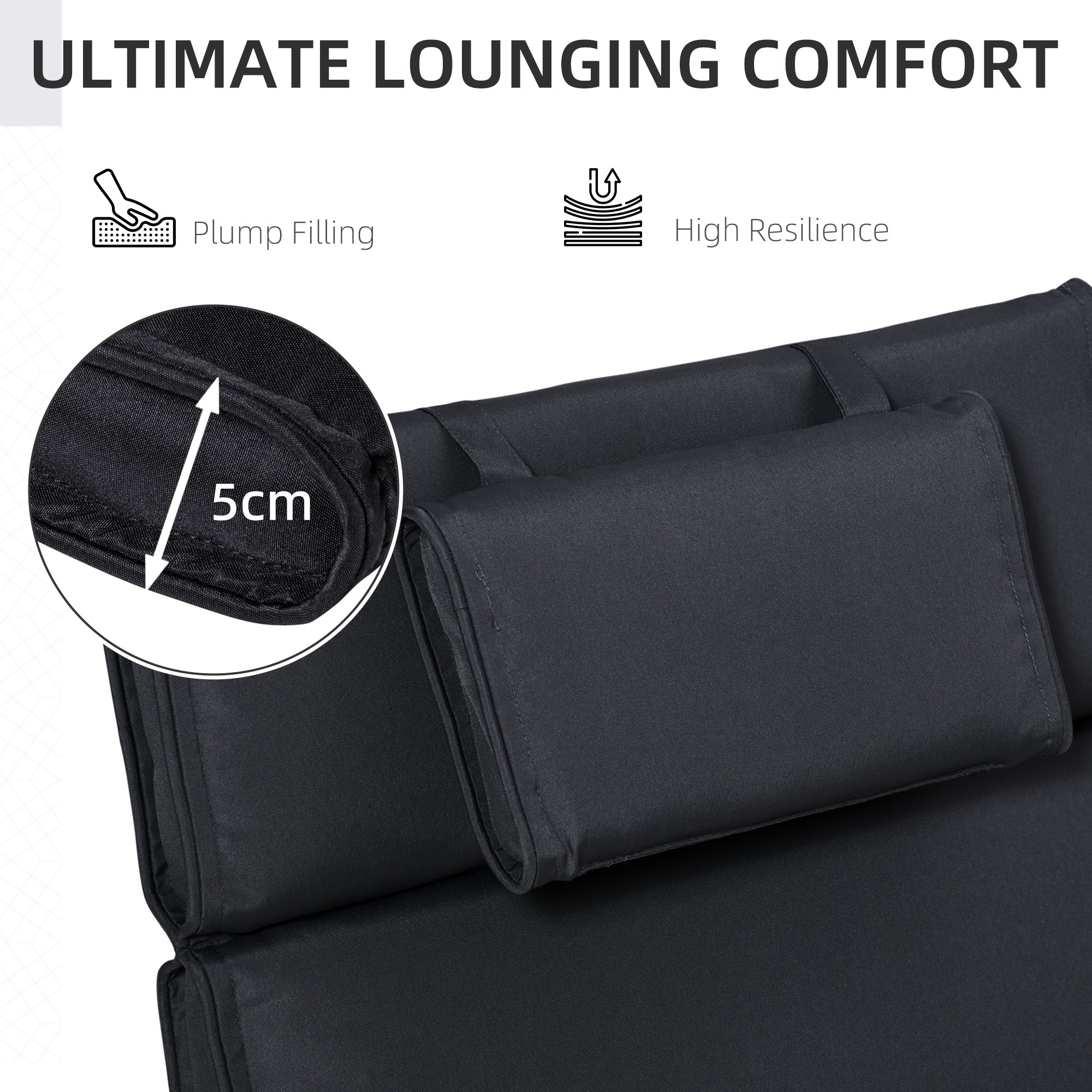 Outsunny Garden Sun Lounger Cushion Replacement Thick Sunbed Reclining Chair Relaxer Pad with Pillow - Black - North Peak Garden Furniture