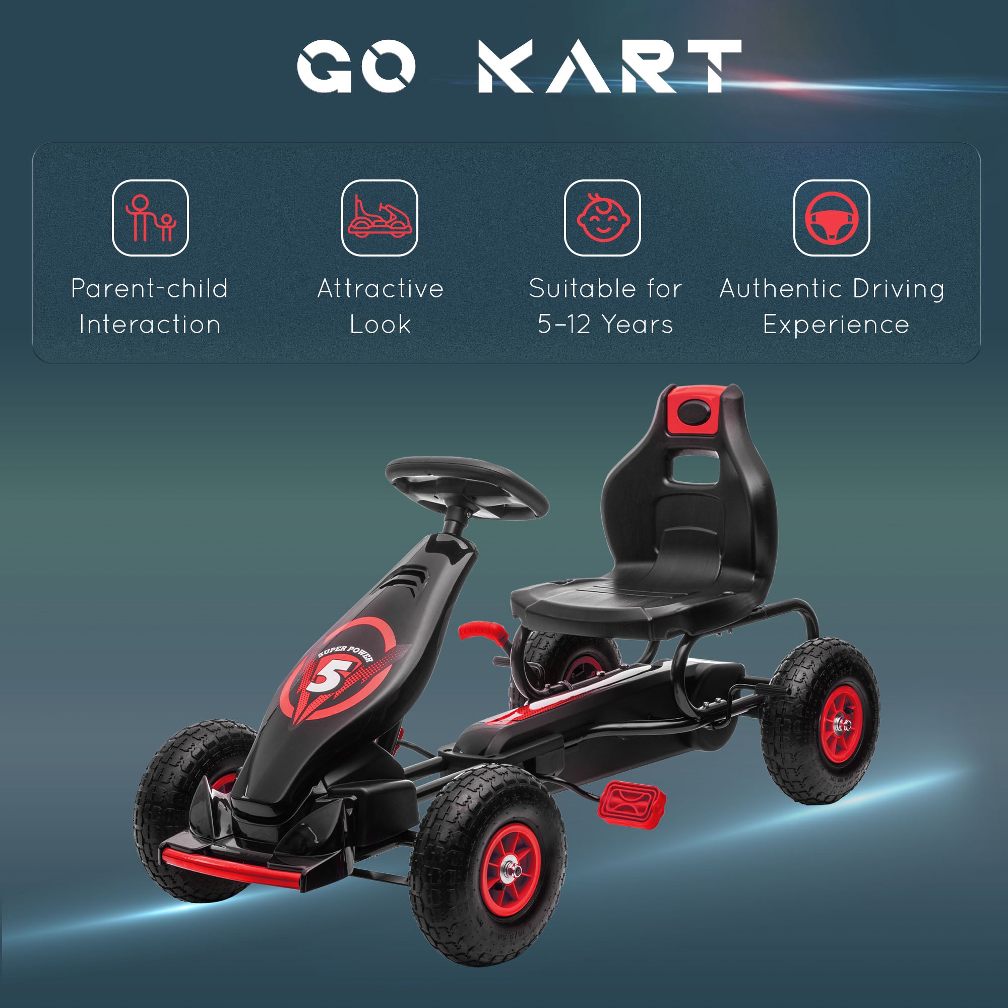 HOMCOM Kids Pedal Go Kart, with Adjustable Seat, Inflatable Tyres - Red - North Peak Garden Furniture