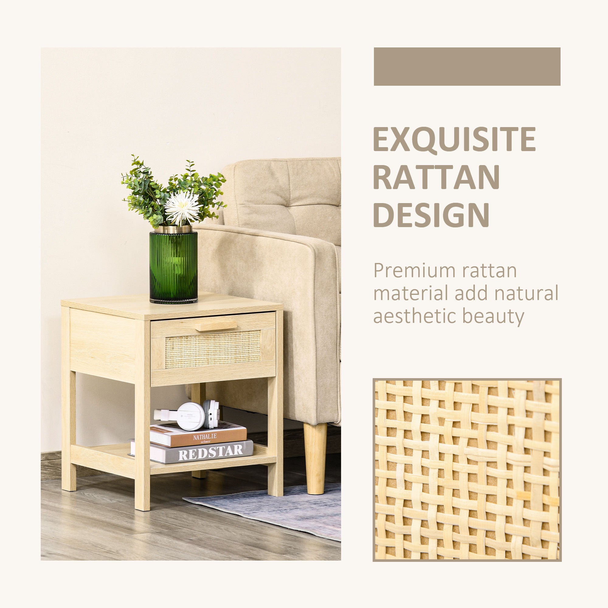 HOMCOM Bedside Table Set of 2 with Rattan Drawer, Rustic Side Tables with Storage Shelf for Bedroom, Living Room, Natural